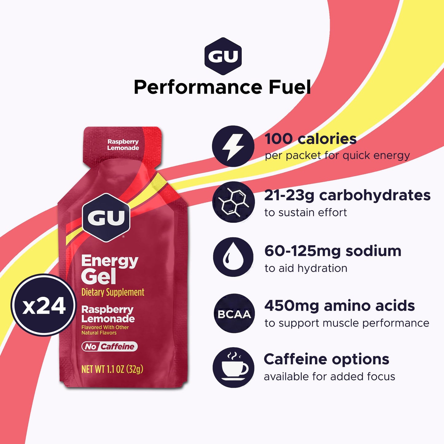 GU Energy Original Sports Nutrition Energy Gel, Vegan, Gluten-Free, Kosher, and Dairy-Free On-the-Go Energy for Any Workout, 24-Count, Raspberry Lemonade