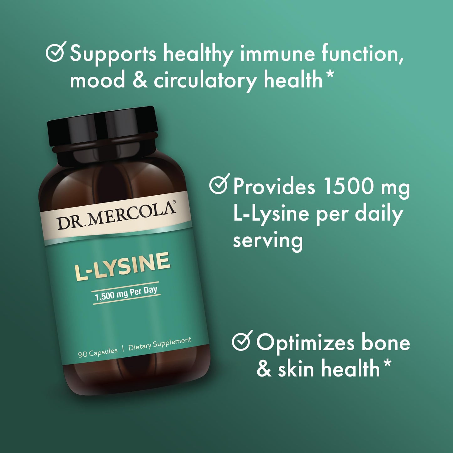 Dr. Mercola L-Lysine 1500 mg Capsules, Non-GMO, Gluten Free, Soy Free, 90 Count