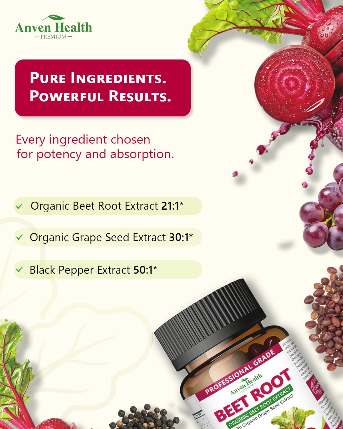 Anven Health Beet Root Organic 21:1 Extract Nitric Oxide Non-GMO, 90 Capsules