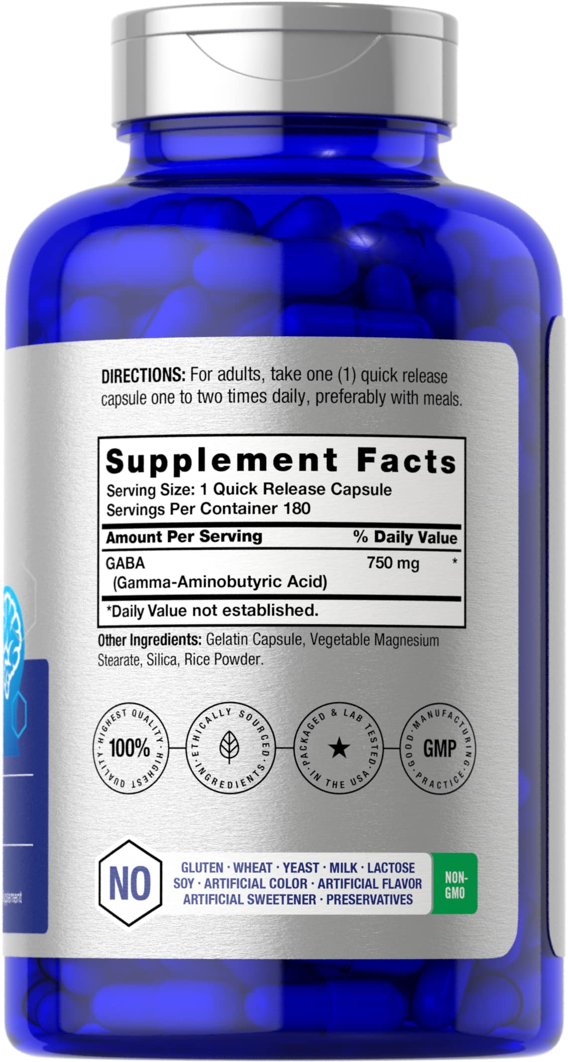 Horbäach GABA 750mg Gamma Aminobutyric Acid Supplement Capsule, 180 Capsules, Non-GMO, Gluten Free