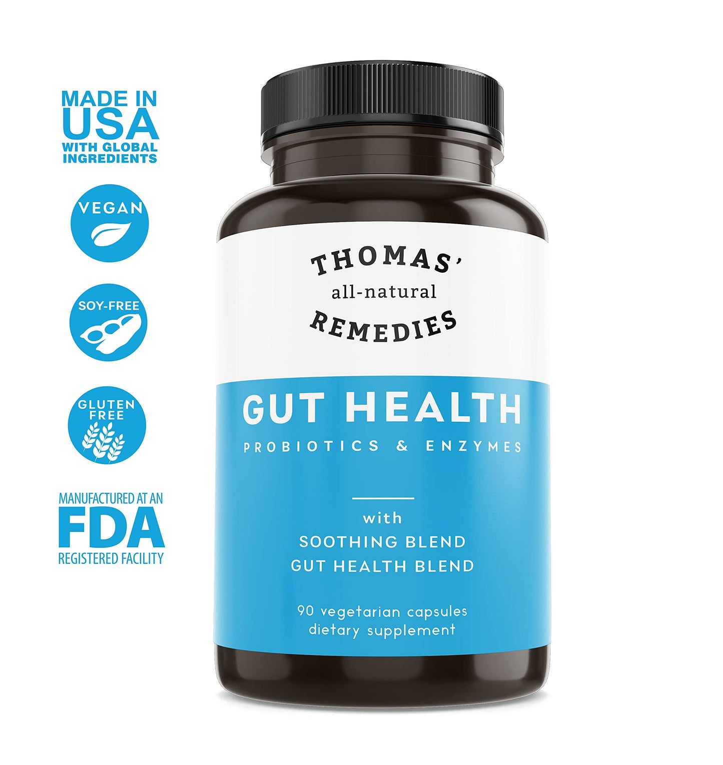 Thomas' all-natural Remedies Gut Health with Digestive Enzymes, Probiotics, Ginger, Papaya, and Turmeric for Digestion and Bloating Relieve Capsules, 90 Capsules