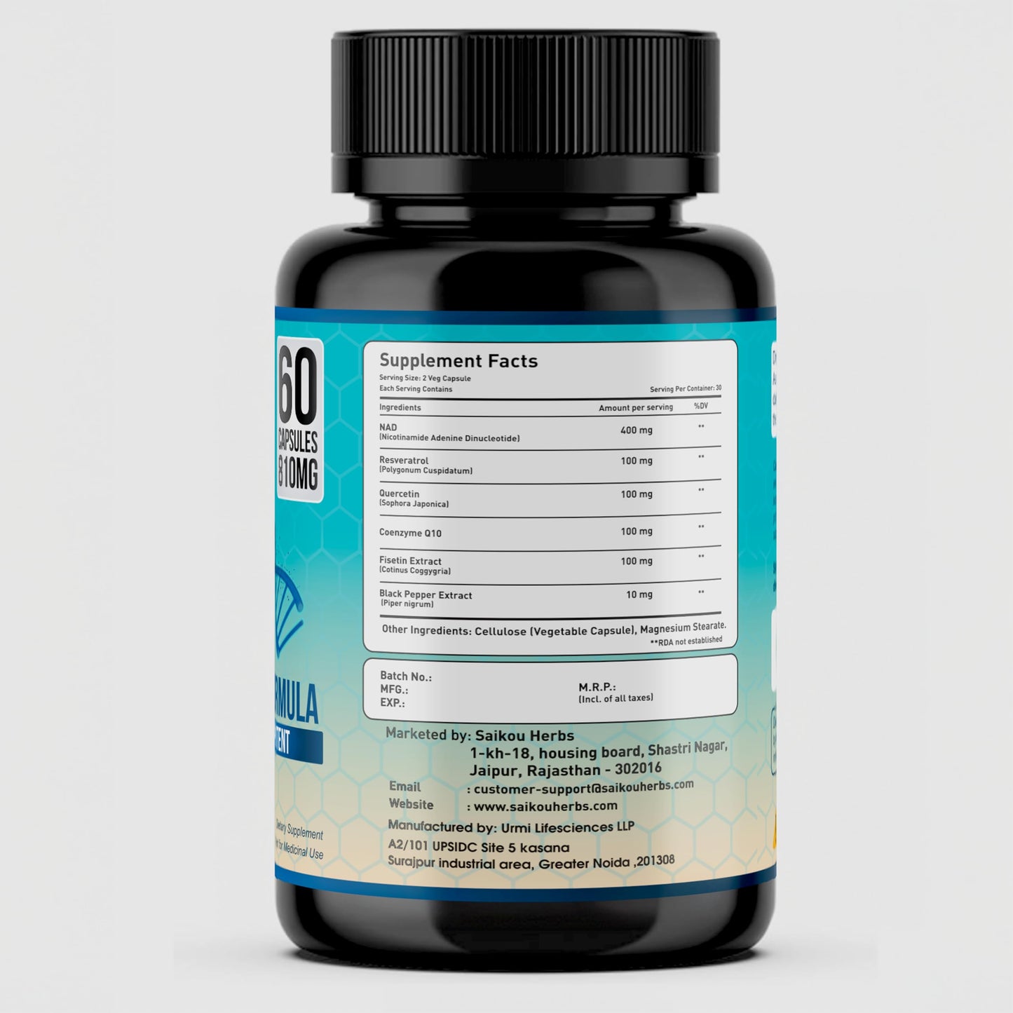 SAIKOU HERBS NAD+ Supplement 810mg with Nicotinamide Adenine Dinucleotide, Resveratrol, Quercetin, Coenzyme Q10, Fisetin and Black Pepper Capsule, 60 Count