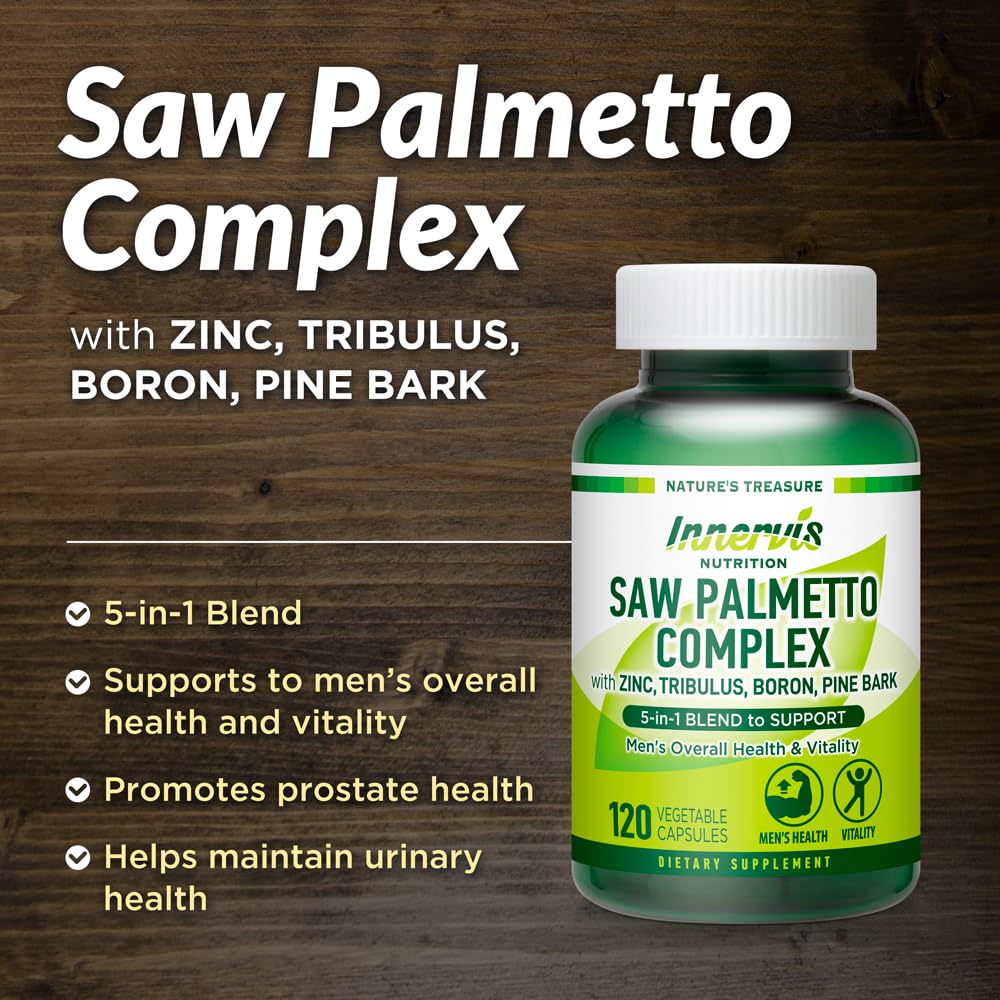 INNERVISNUTRITION Prostate & Urinary Support for Men 5-in-1 Saw Palmetto Complex with Zinc, Tribulus, Boron, Pine Bark 120 Capsules