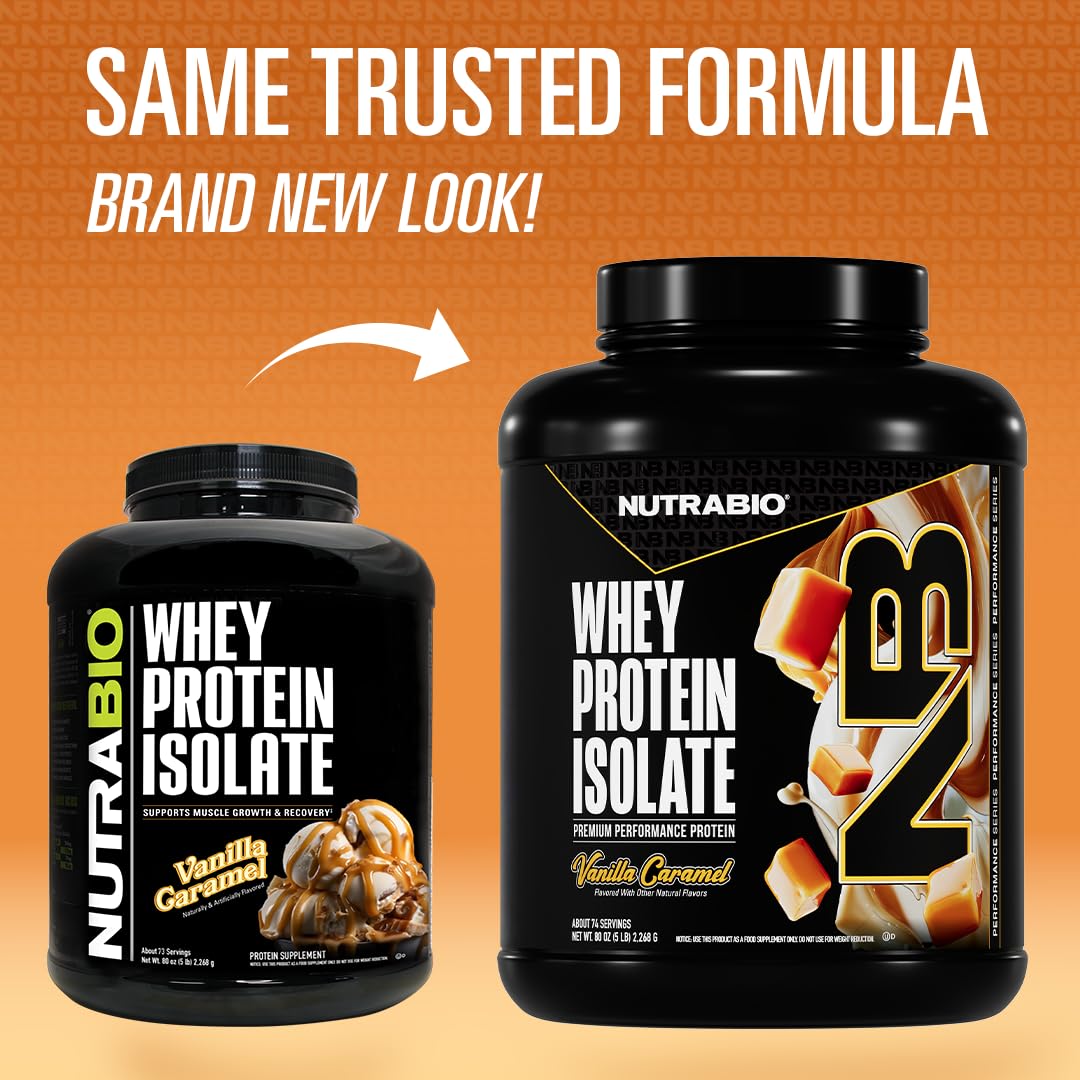 NutraBio 100% Whey Protein Isolate Protein Powder, Vanilla Caramel, 5 Lbs, 80 Servings