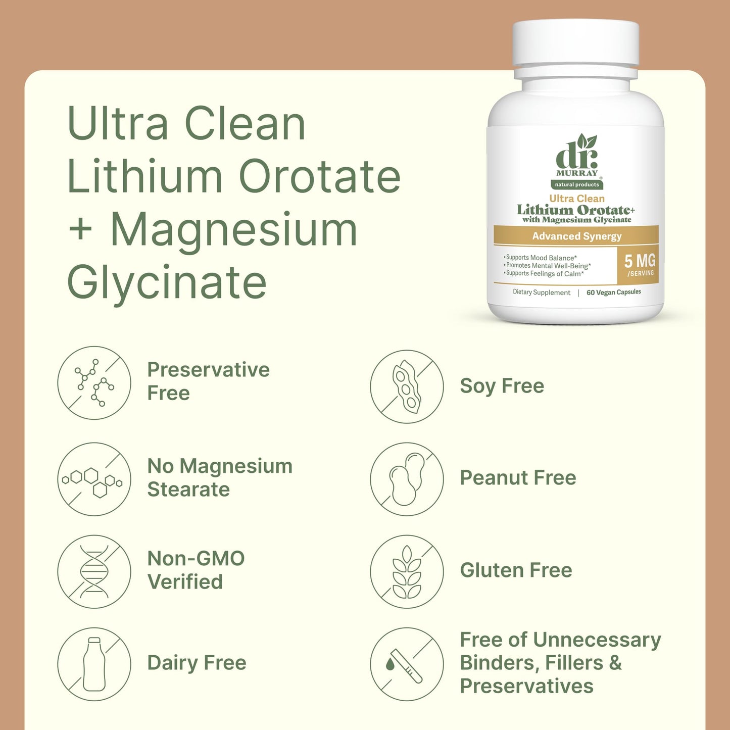 Dr. Murray Natural Products Ultra Clean Lithium Orotate with Magnesium Glycinate 5mg Lithium Capsules, 60 Count