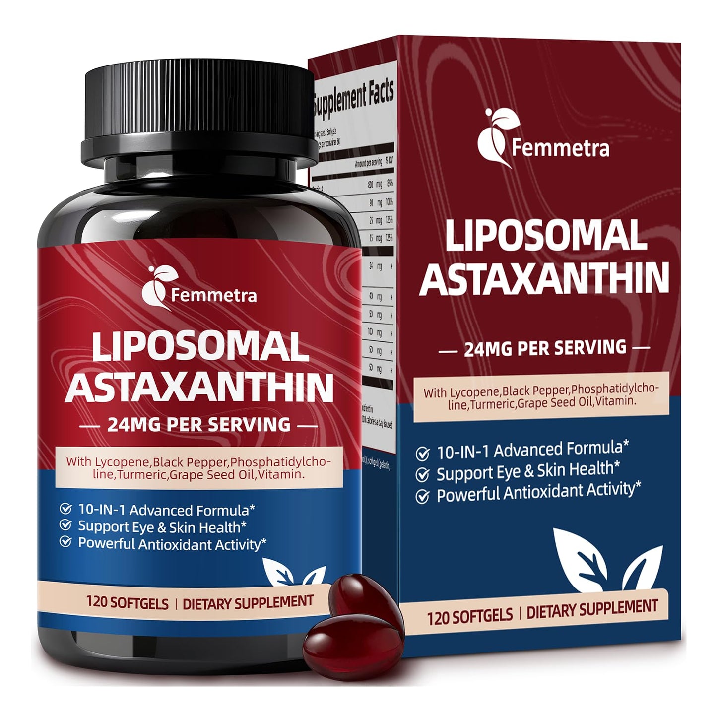 Femmetra 10-IN-1 Astaxanthin Supplements 24mg, Fresh Microalgae Source, 120 Softgels