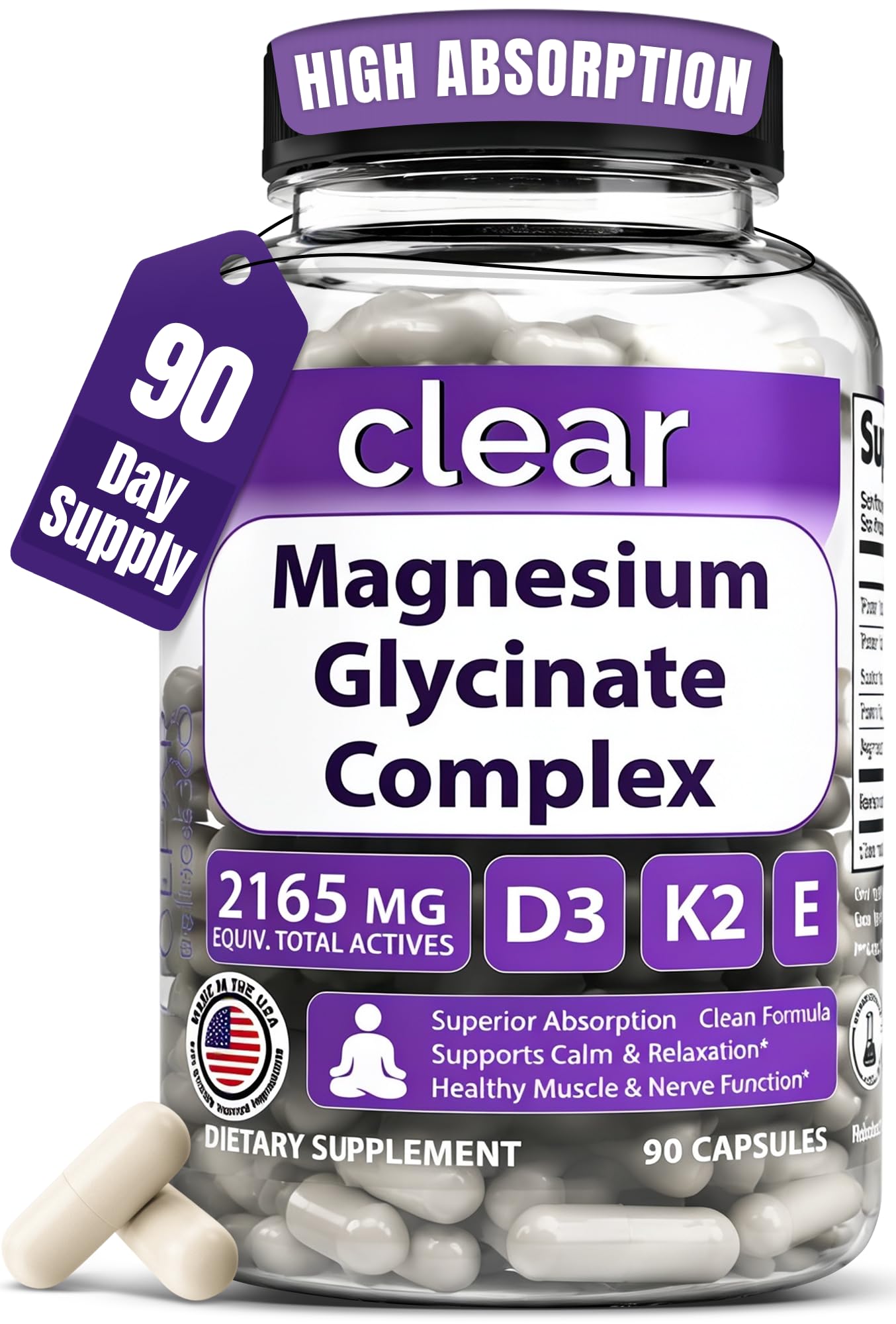 Clear Probiotics Magnesium Glycinate 160mg Chelated Supplement with D3 K2 E for Sleep Capsule 90 Count
