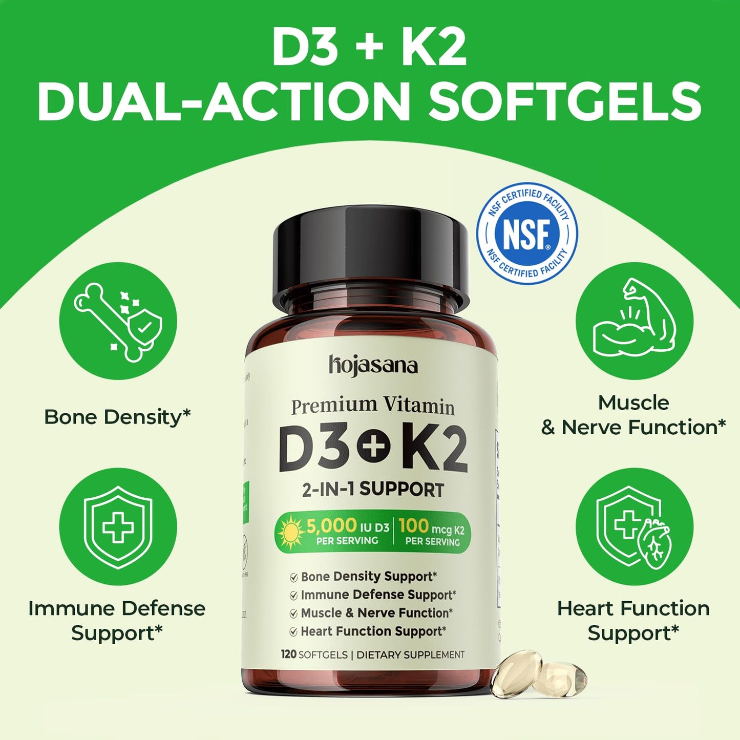 HojaSana Vitamin D3 K2 5000IU 100mcg MK-7 for Bone, Immune & Heart Support Softgels 120