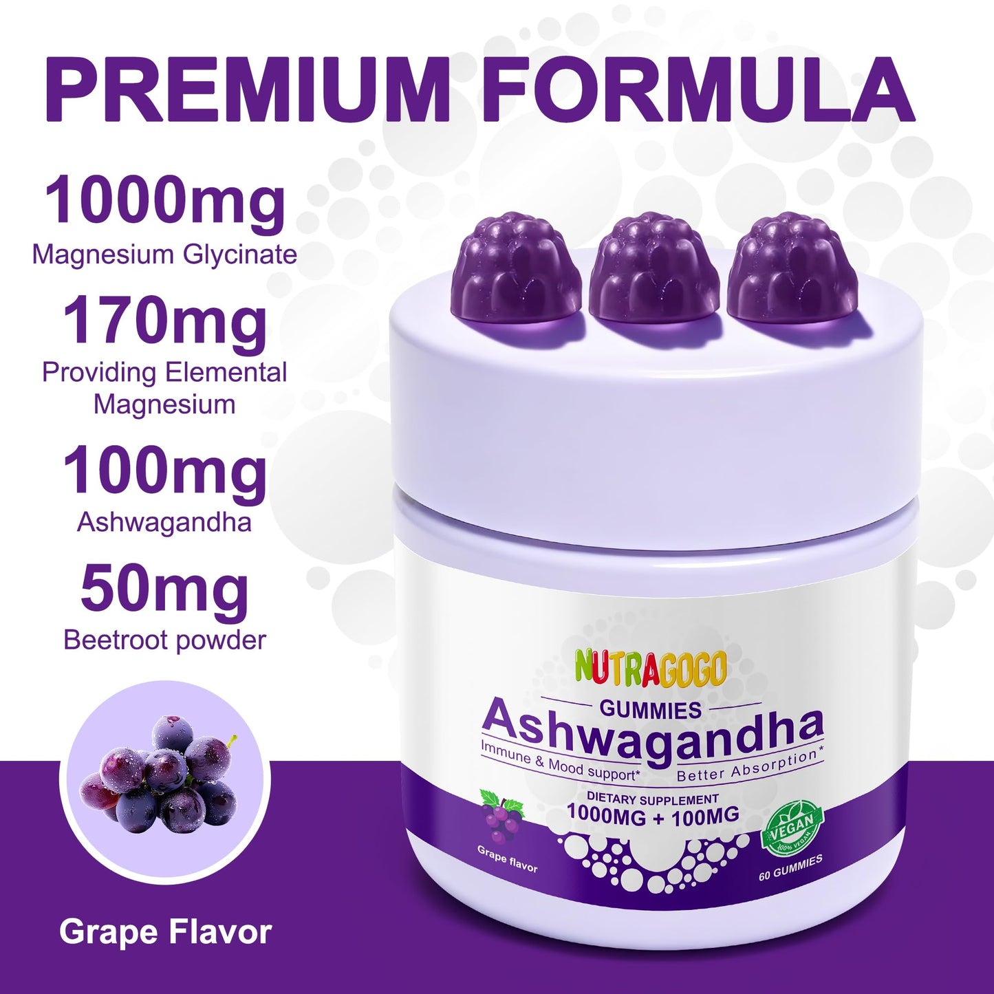 NUTRAGOGO Ashwagandha & Vitamin D3 Gummies, 120 Gummies