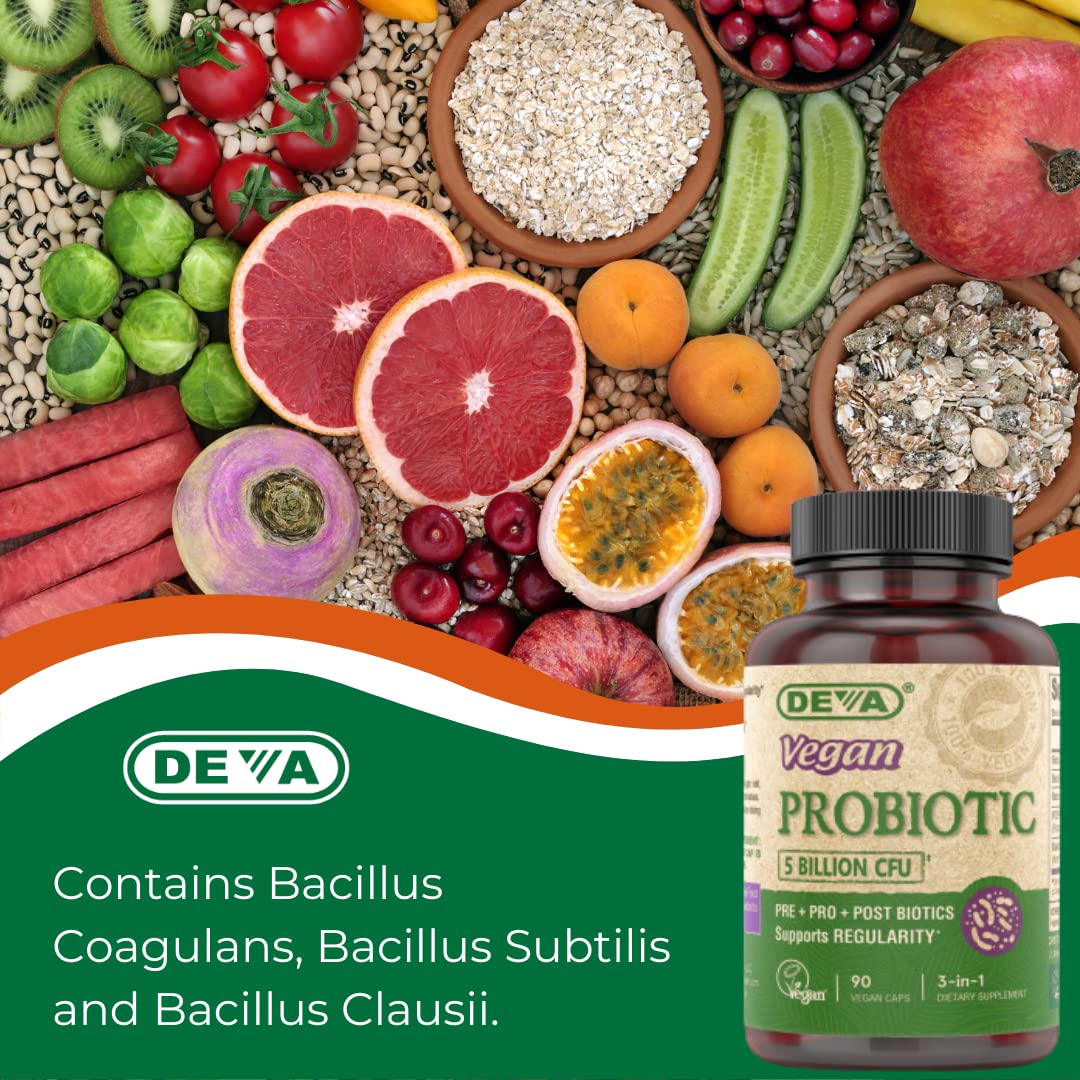 DEVA Vegan Probiotic Supplement - Pre, Pro, and Postbiotics for Digestive Health 5 Billion CFU Capsule 90