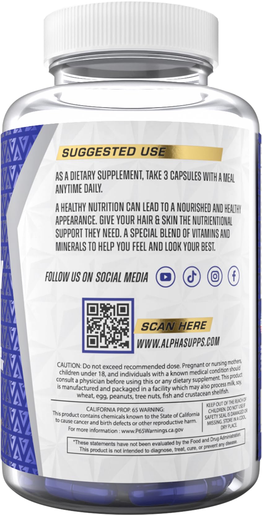 Alpha Supps Hair, Skin, and Nails Supplement, 90 Capsules