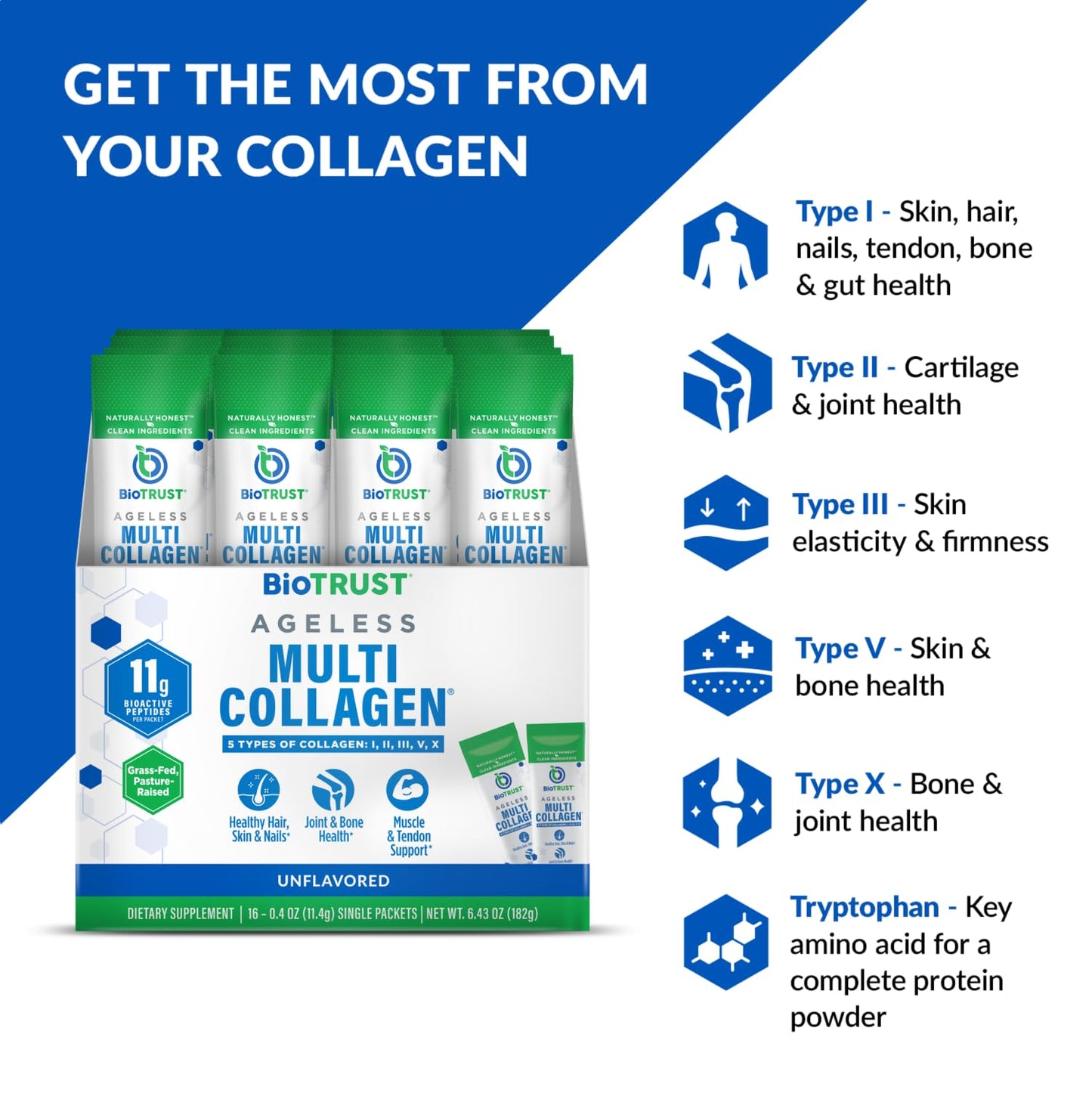 BioTrust Ageless Multi Collagen Peptides Powder - Unflavored - 16 Packets
