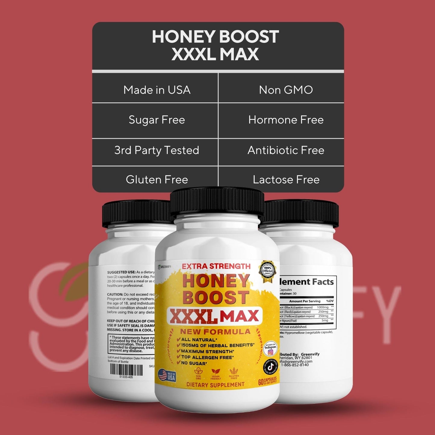 GREENVIFY Honey Boost XXXL Max Extra Strength Supplement, Organic Maca Root Complex, All Natural, 60 Capsules