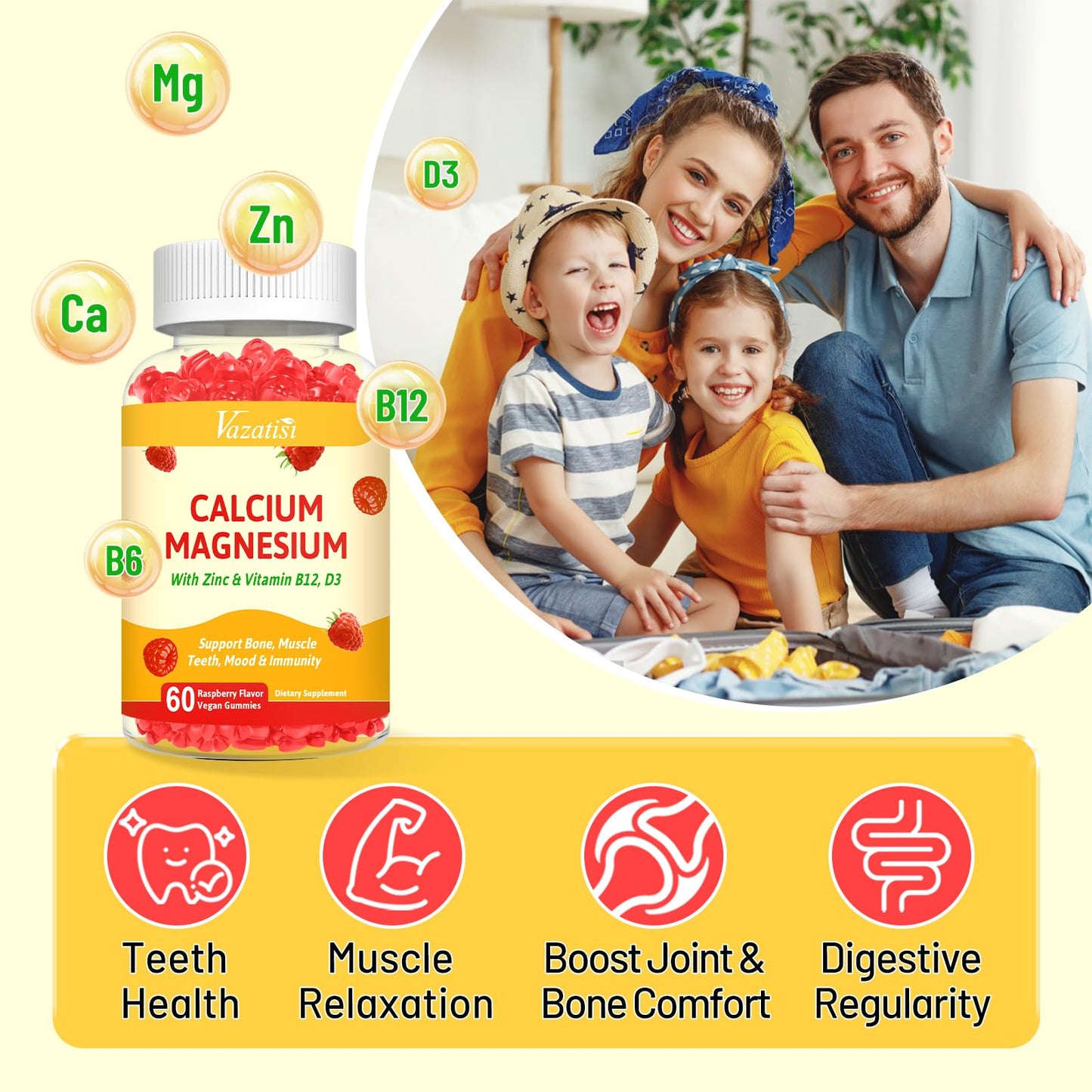 Vazatisi Calcium Gummies with Magnesium, Zinc, Vitamin D3 & B12, 120 Gummies