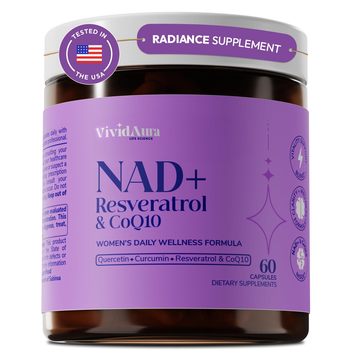 VIVIDAURA LIFE SCIENCE NAD Supplements for Women Radiance Formula with Resveratrol, CoQ10, Turmeric & BioPerine Cellular Renewal NMN Alternative Capsules, 60 Count