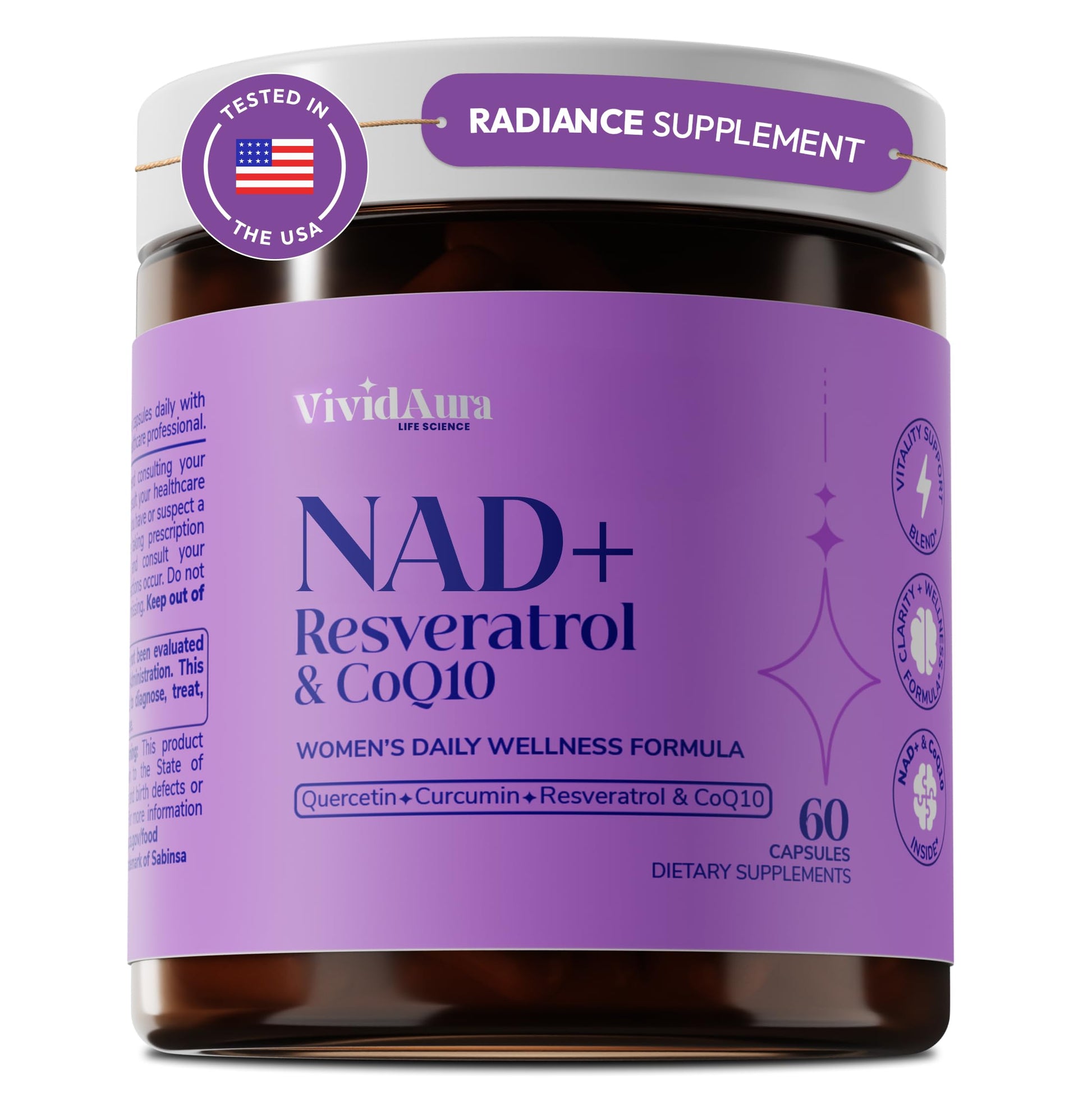VIVIDAURA LIFE SCIENCE NAD Supplements for Women Radiance Formula with Resveratrol, CoQ10, Turmeric & BioPerine Cellular Renewal NMN Alternative Capsules, 60 Count