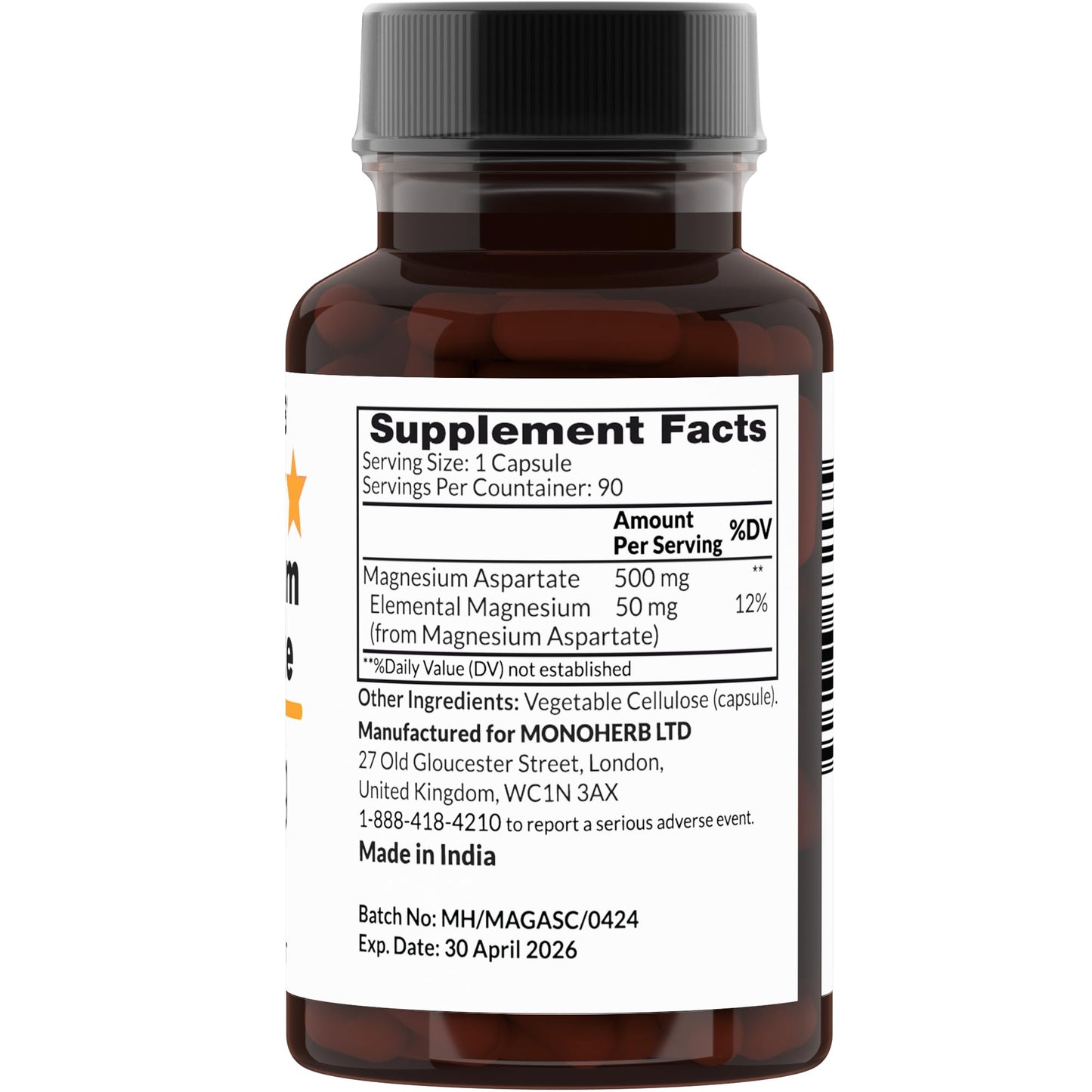 MONOHERB Magnesium Aspartate 500 mg Capsule, 90 Veg Capsules