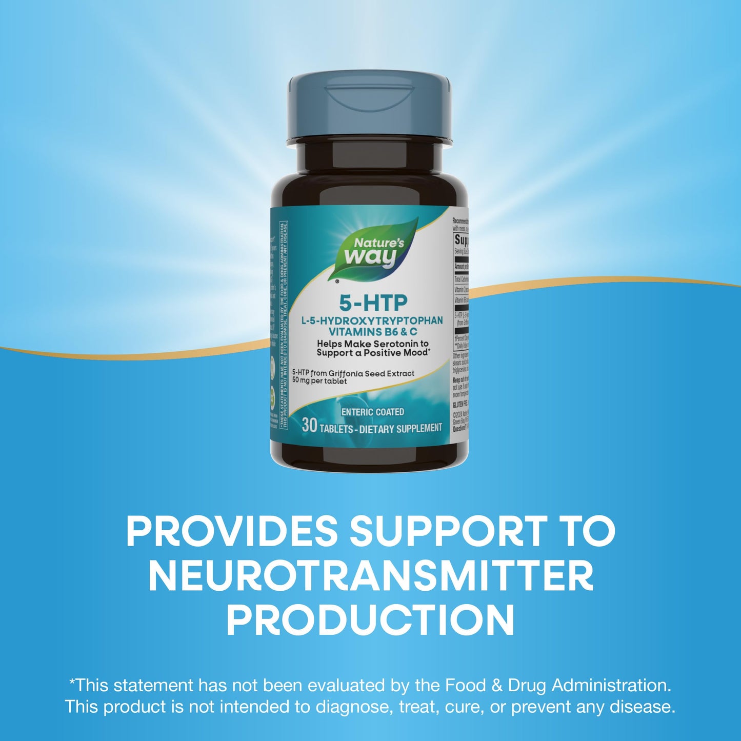Nature's Way 5-HTP, L-5-Hydroxytryptophan, Helps Make Serotonin to Promote a Positive Outlook*, Vitamin B6, Vitamin C, Griffonia Bean Extract, 30 Tablets