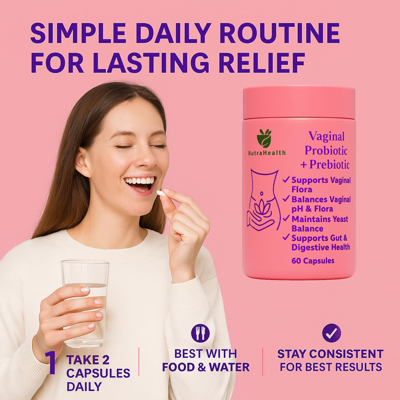 NutraHealth Vaginal Probiotic + Prebiotic for Women – Supports pH Balance, Yeast & Odor – with Lactobacillus rhamnosus, reuteri – Gut & Feminine Health, 60 Capsules