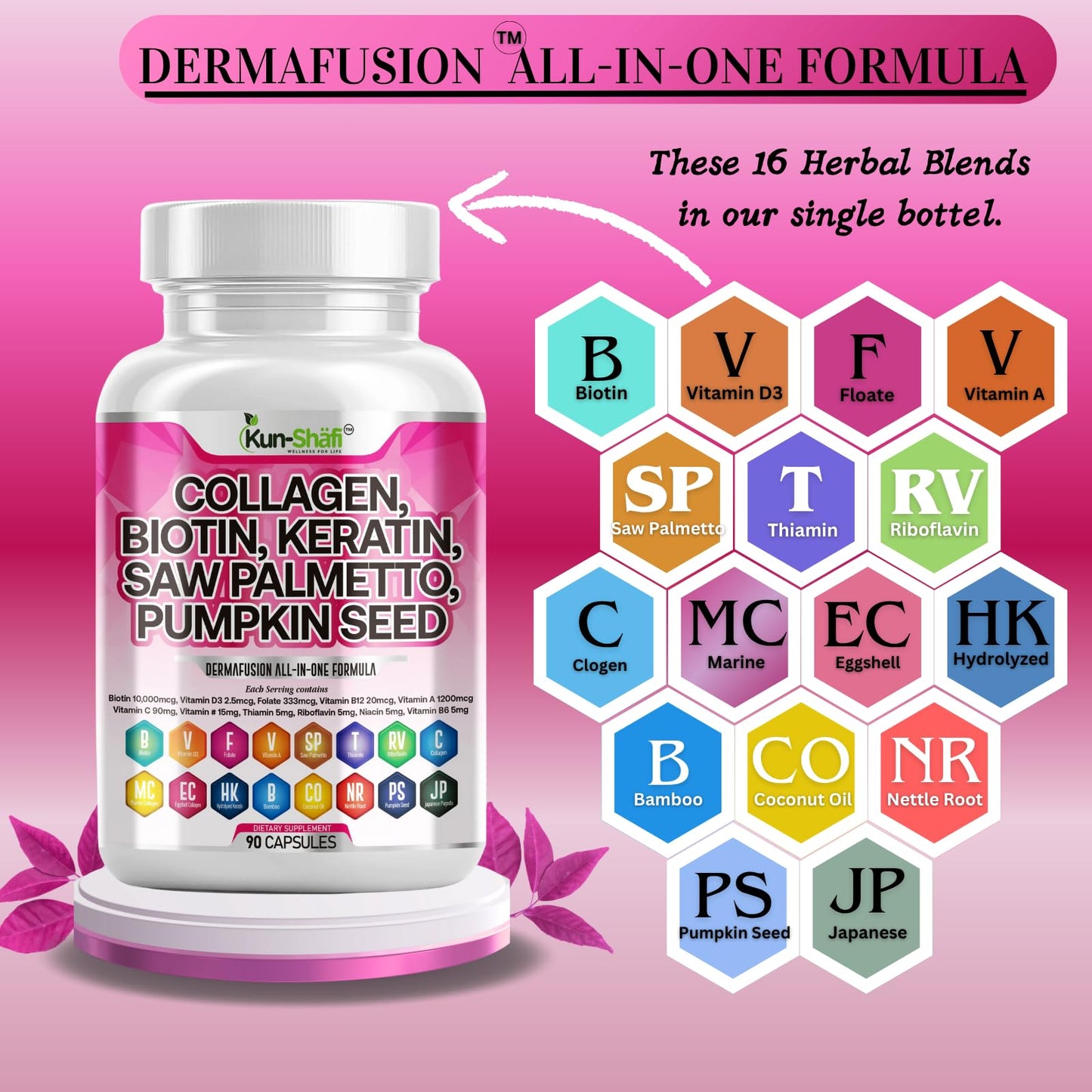 Kun Shafi Collagen Complex with Biotin Capsules, 90 Count