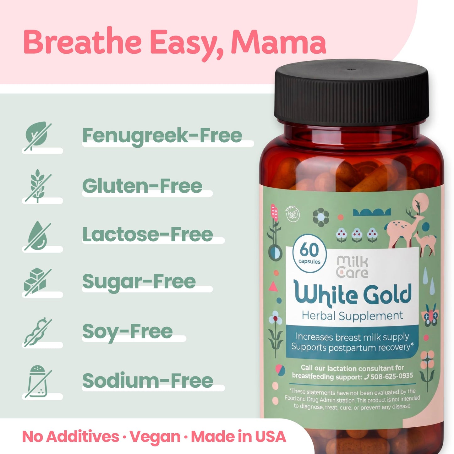 Milkcare White Gold Lactation Supplement for Breast Milk Supply Increase & Flow – IBCLC-Formulated Breastfeeding Vitamins with Dong Quai Root, Shatavari, Milk Thistle – Fenugreek-Free, 60 Capsules