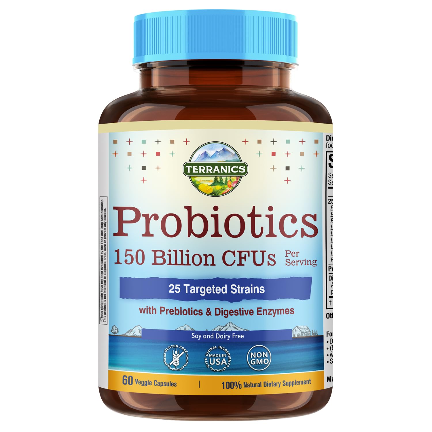 Terranics Daily Probiotics for Men & Women 150 Billion 25 Strains Probiotics with Prebiotics & Enzymes Delayed Release Shelf Stable, 60 Veggie Caps