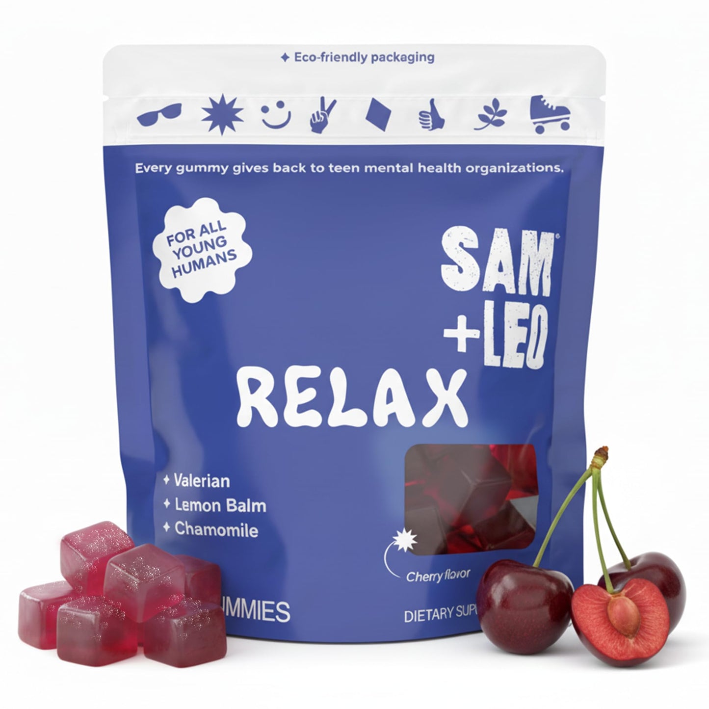 SAM+LEO Relax Gummies with Valerian, Lemon Balm & Chamomile for Kids & Teens – Stress Relief & Relaxation Support – Vegan & Gluten Free, Cherry Flavor, 60 Gummies