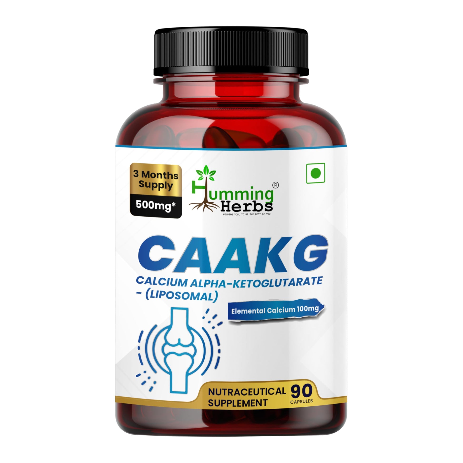 Humming Herbs Calcium Alpha-Ketoglutarate Supplement (CAAKG) 500 mg – Provides 100 mg Elemental Calcium – Non-GMO – Vegan Capsules, 90 Capsules
