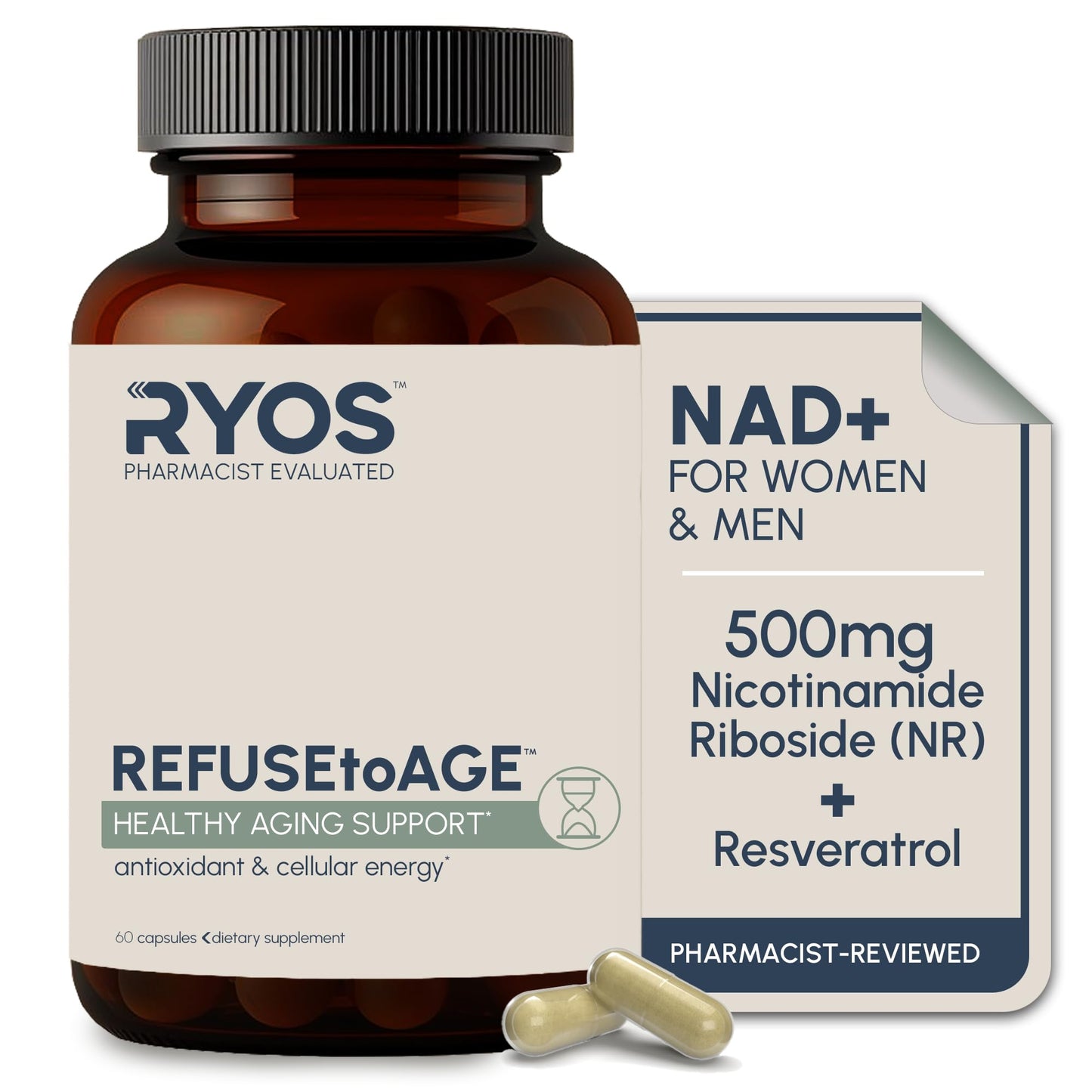 RYOS NAD+ Supplement for Women & Men – 500mg Nicotinamide Riboside (NR) with Resveratrol & Quercetin – Cellular Energy & Healthy Aging – 60 Capsules