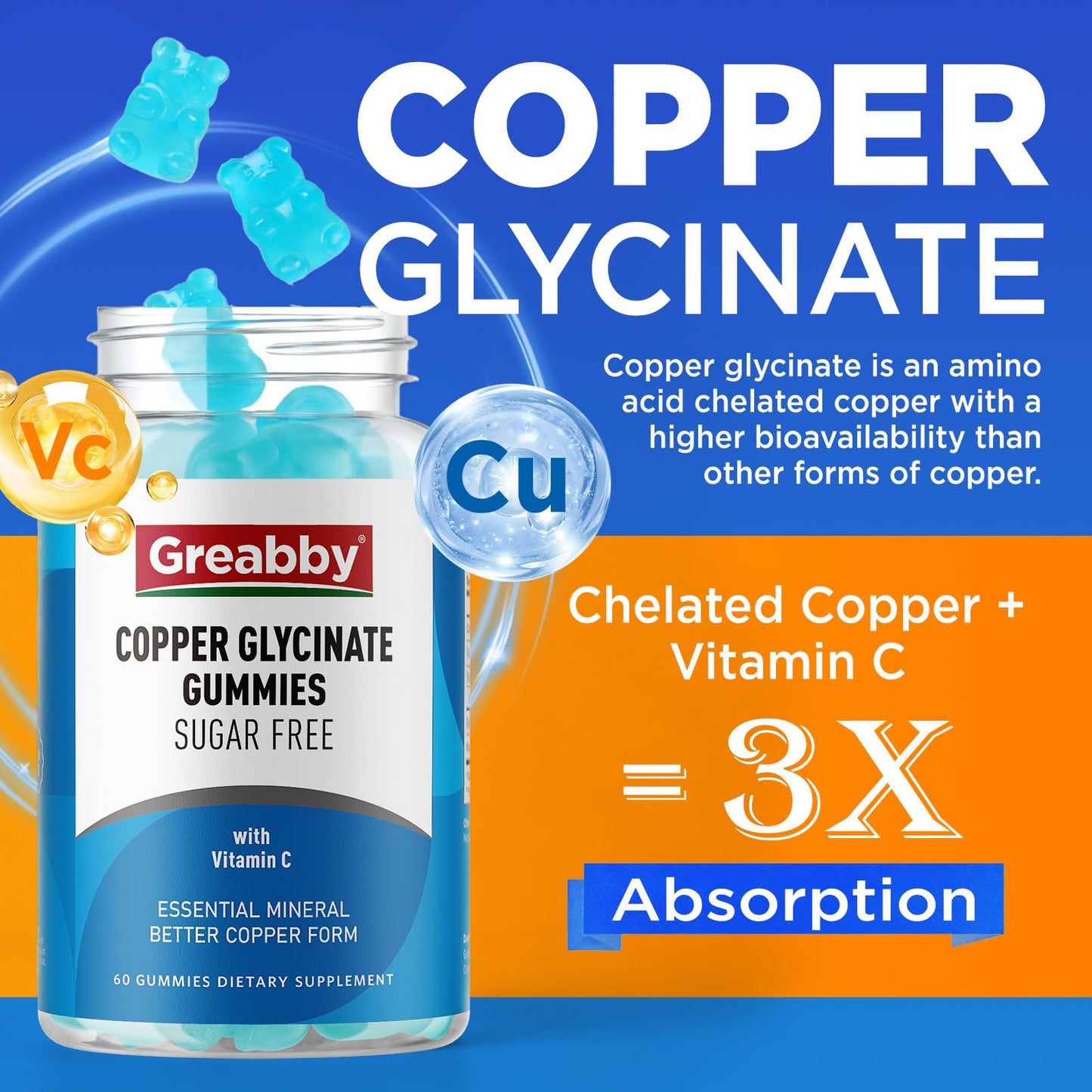 GREABBY Chelated Copper Glycinate Gummies, 2mg Copper with Vitamin C, Sugar Free, 60 Gummies