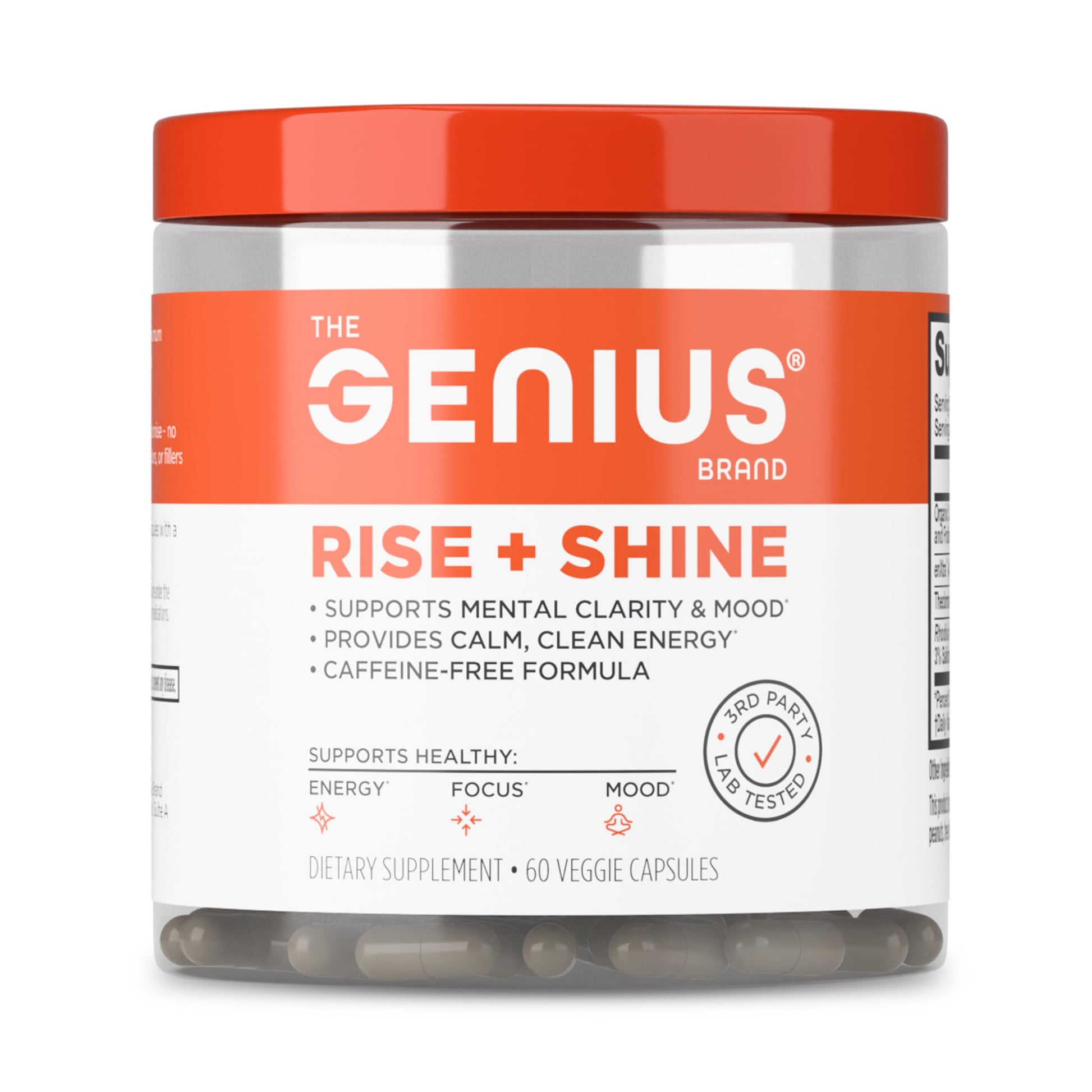 The Genius Brand Genius Rise+Shine Nootropic Energy Formula with EnXtra, Rhodiola rosea, Cordyceps Mushroom & Theobromine - Caffeine-Free Formula, 60 Veggie Capsules