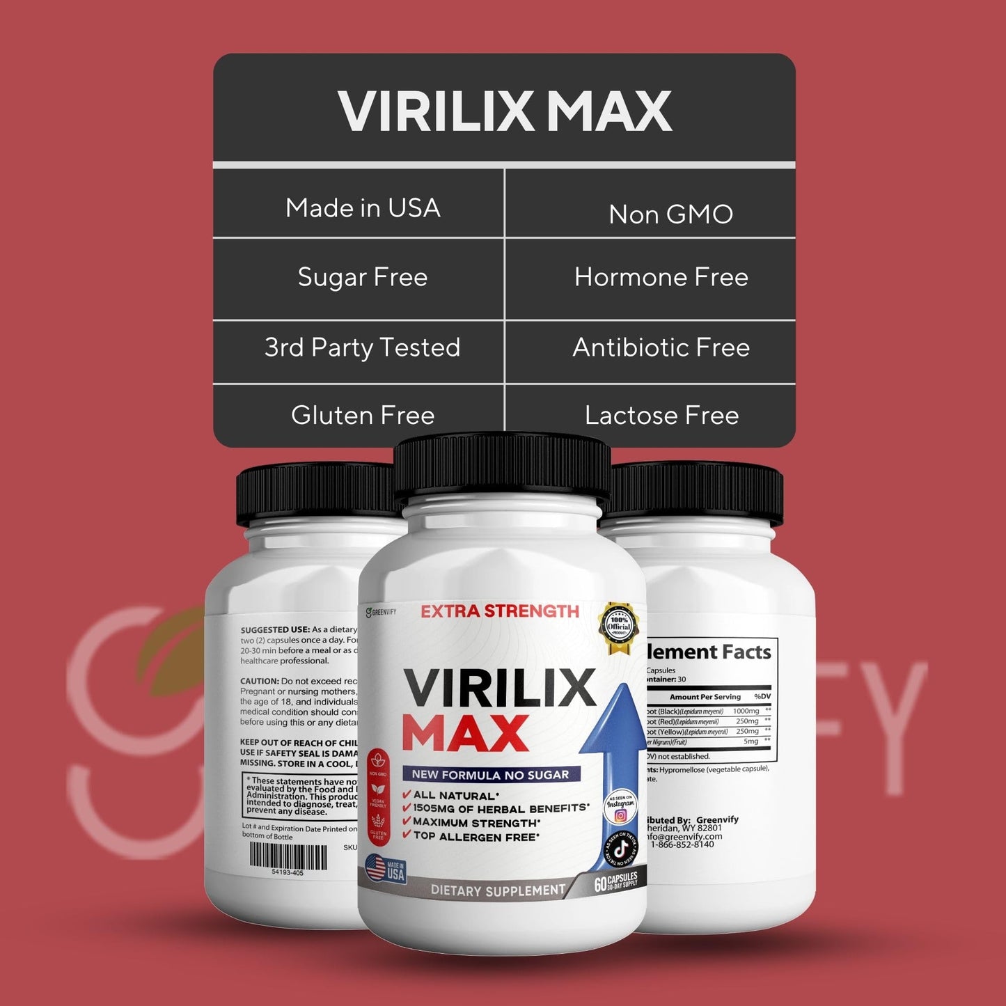 GREENVIFY Virilix MAX Dietary Supplement, Herbal Blend, Organic Maca Root, 60 Capsules