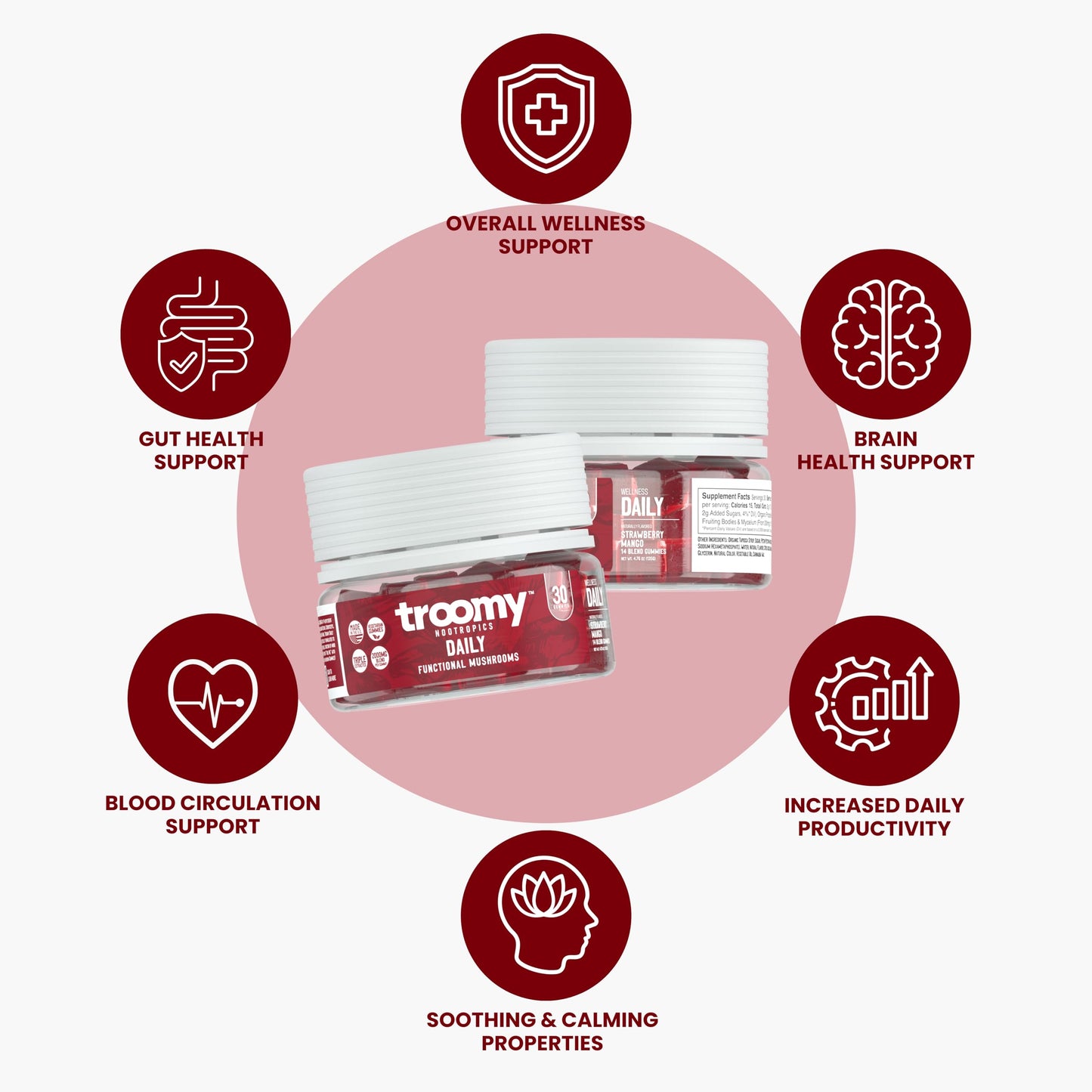 Troomy Nootropics Daily 14 Mushroom Blend Gummies 30 Count