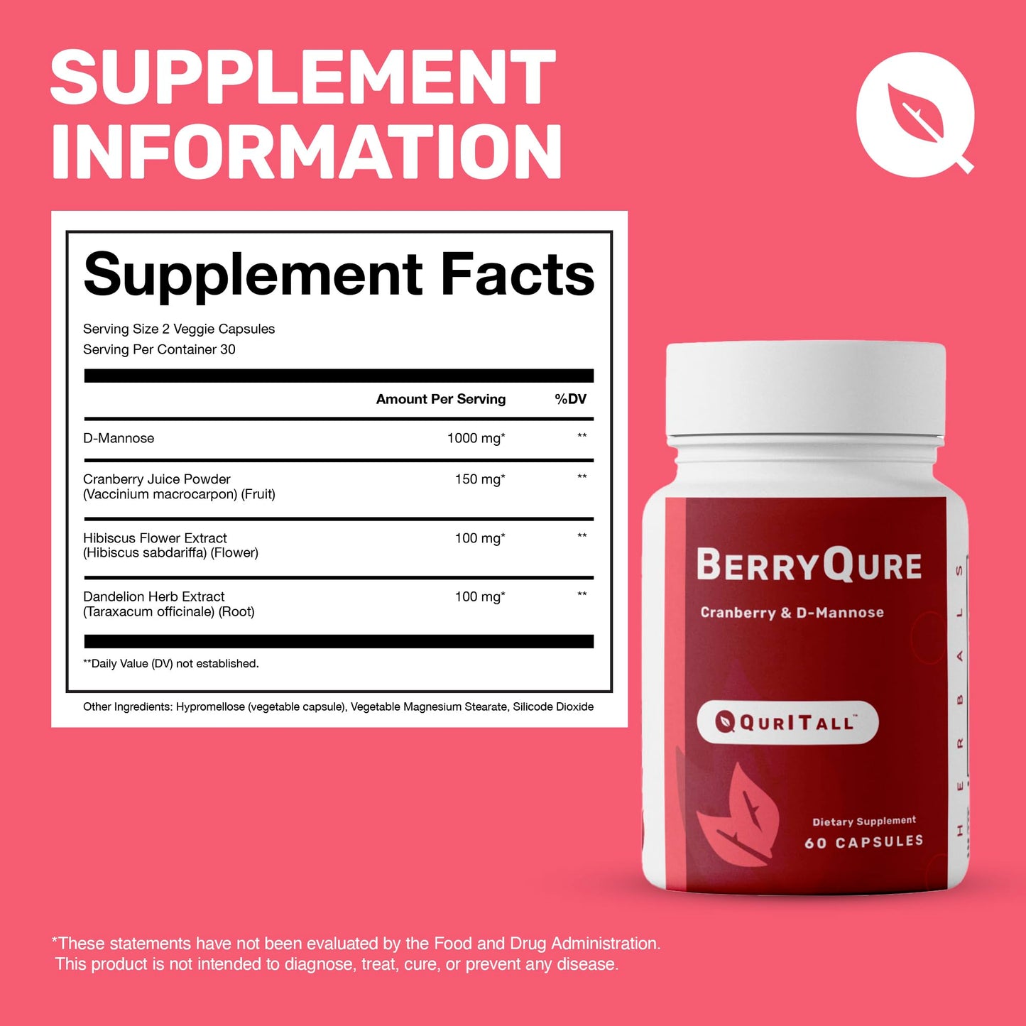 QurItAll BerryQure Cranberry & D-Mannose Supplements for Women - D-Mannose Pills with Cranberry Juice Powder, Hibiscus Flower & Dandelion Herb Supports Urinary Tract Health - 60 Capsules