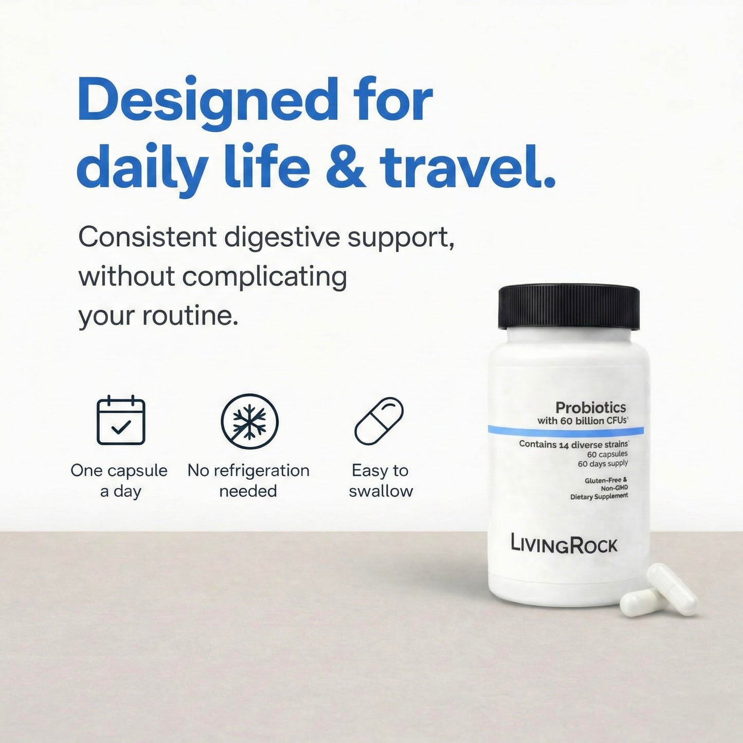 LivingRock Probiotics 60 Billion CFU – 14 Diverse Strains + Prebiotic Fiber (FOS) with Zinc & Vitamin D3 – Gluten-Free, Non-GMO Dietary Supplement, 60 Capsules