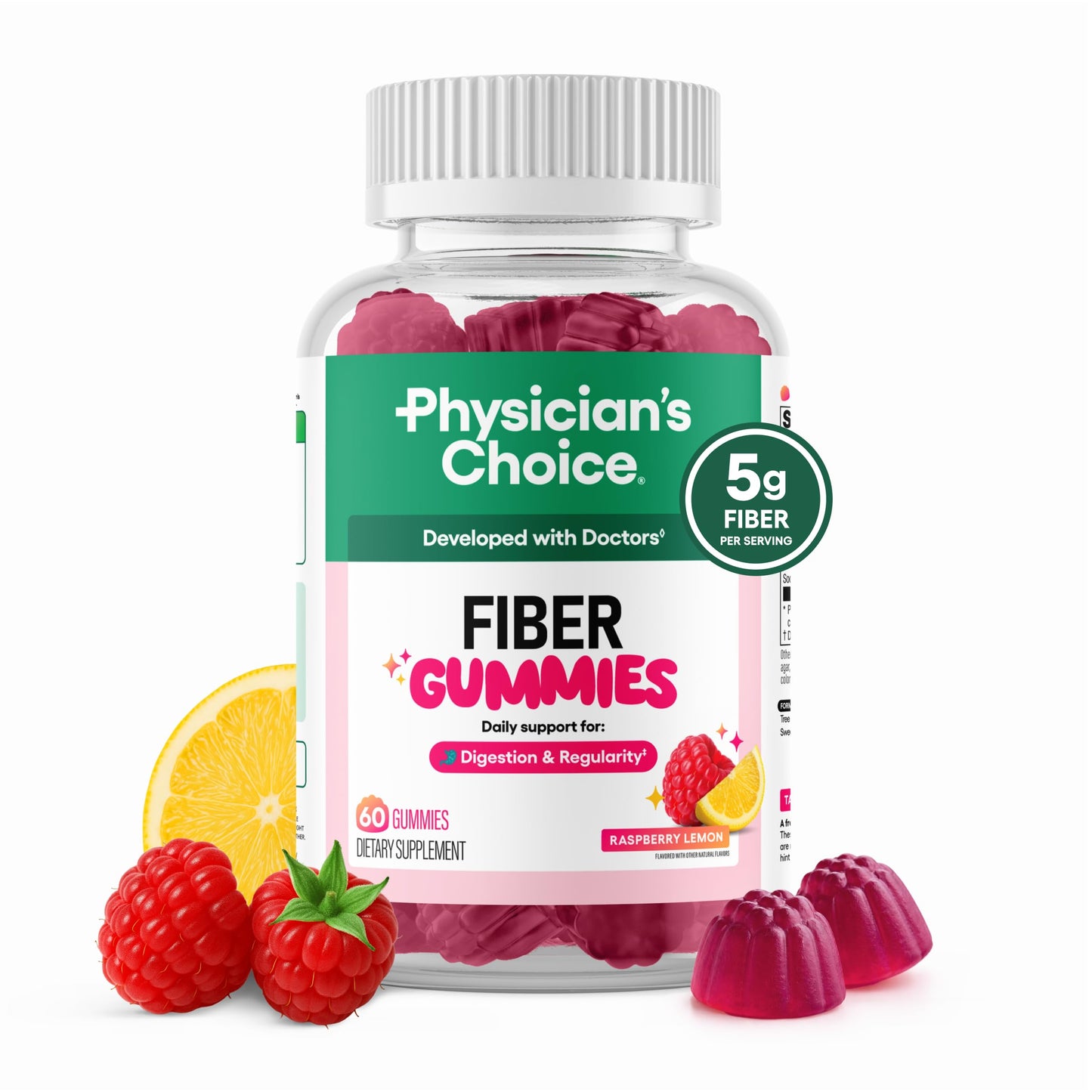 Physician's CHOICE Fiber Gummies for GLP-1 Support - No Sugar Added & Vegan - Raspberry Lemon - Natural Chicory Root Prebiotic Fiber - Digestive Health & Regularity for Women & Men - 60 Gummies
