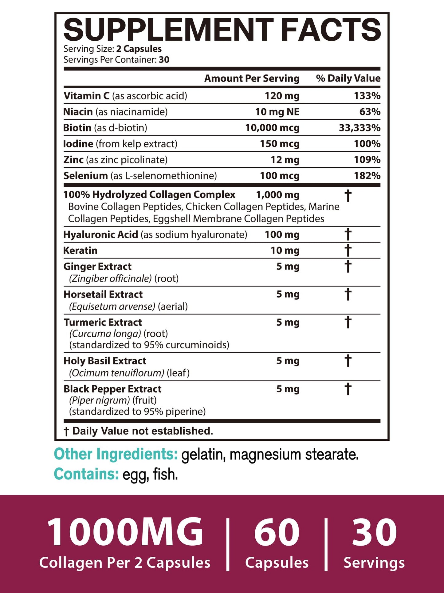 Vitacook Multi Collagen Peptides for Women & Men, Hydrolyzed, Types I, II, III, V, X, Biotin, Keratin, Hyaluronic Acid, VC, Zinc, Selenium & Herbal Blend for Skin, Hair, Nails & Mobility, 60 Capsules