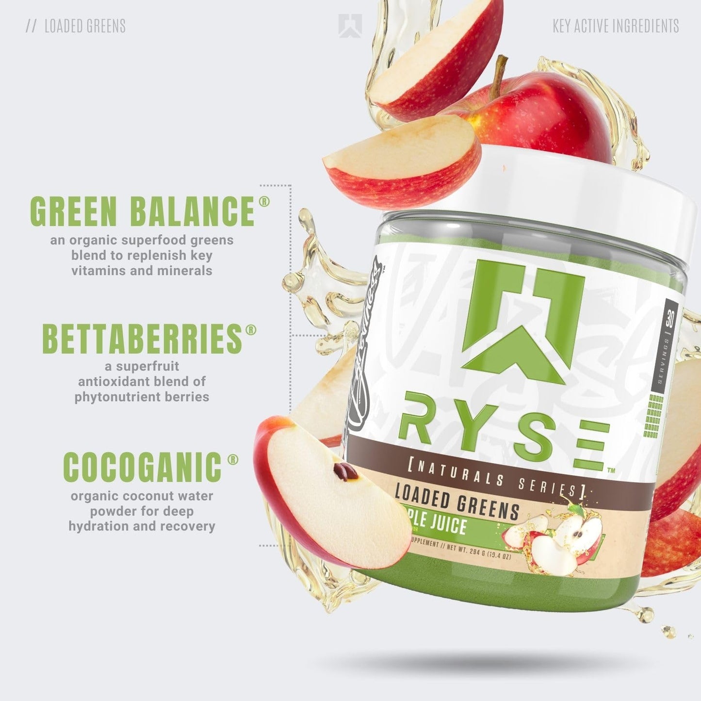 RYSE Up Supplements Ryse Loaded Greens Superfood Powder Apple Juice, 19.4 oz