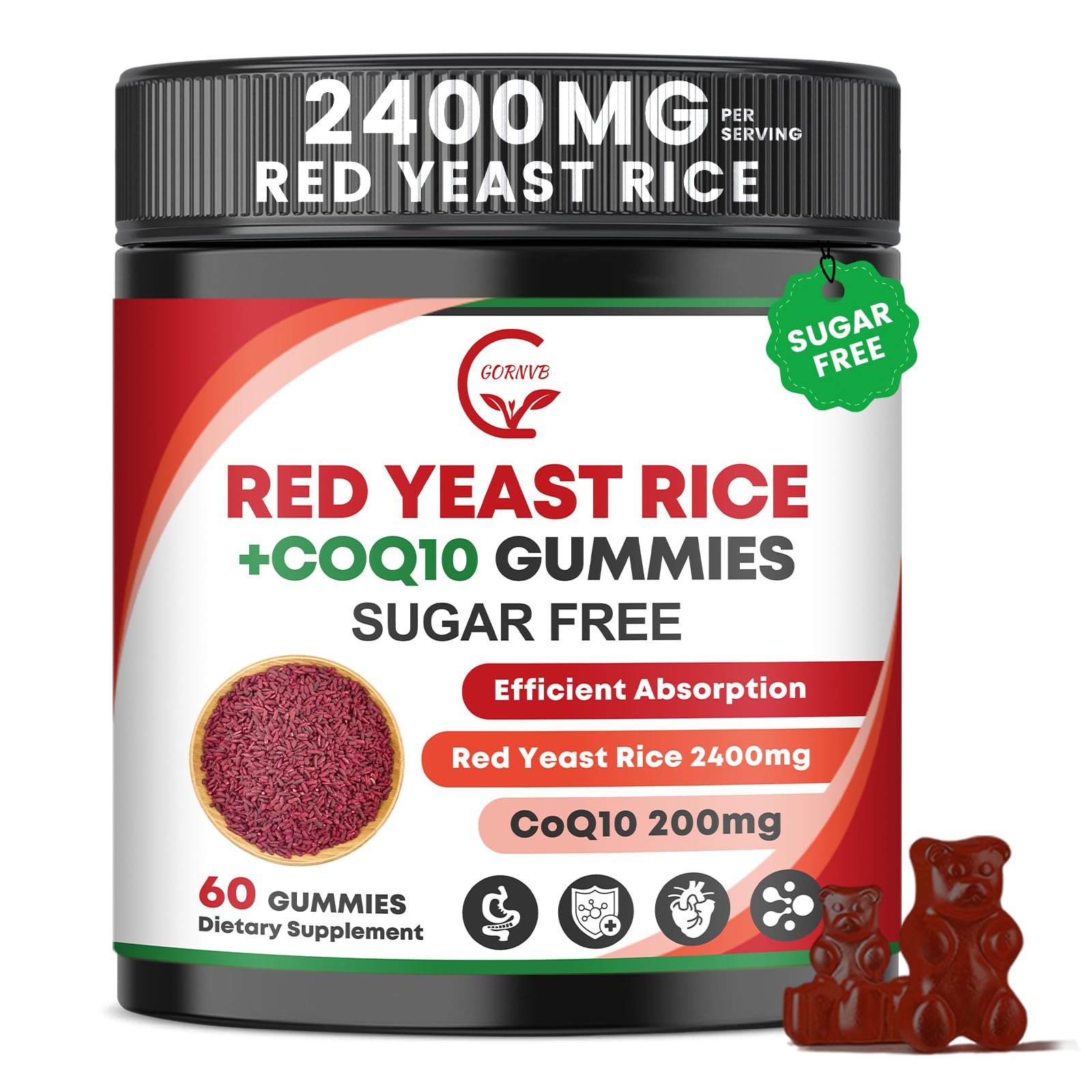 GORNVB Red Yeast Rice with CoQ10 Gummies, Cholesterol & Heart Health Support, 60 Count