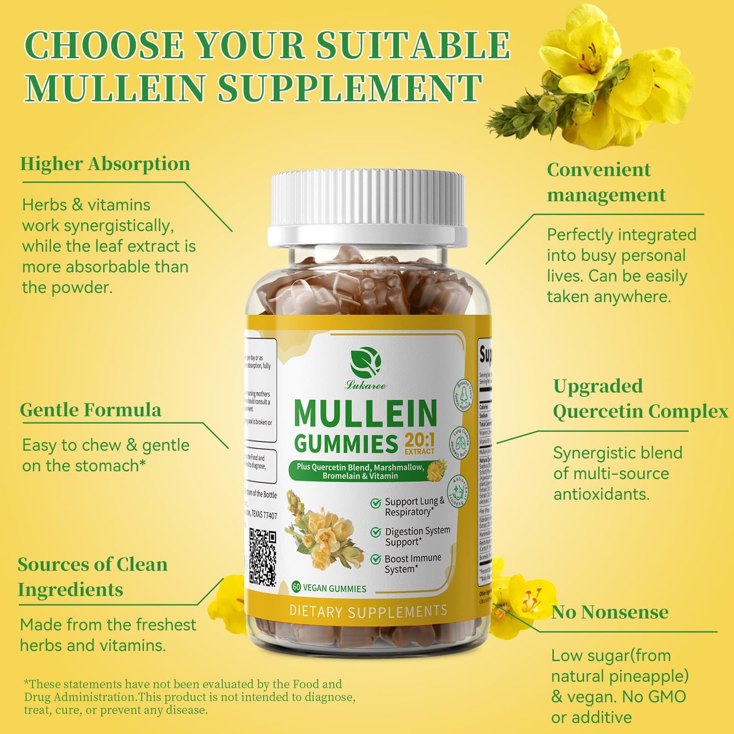 Lukaree Mullein Gummies for Lung Cleanse & Lymphatic Drainage, 120 Count