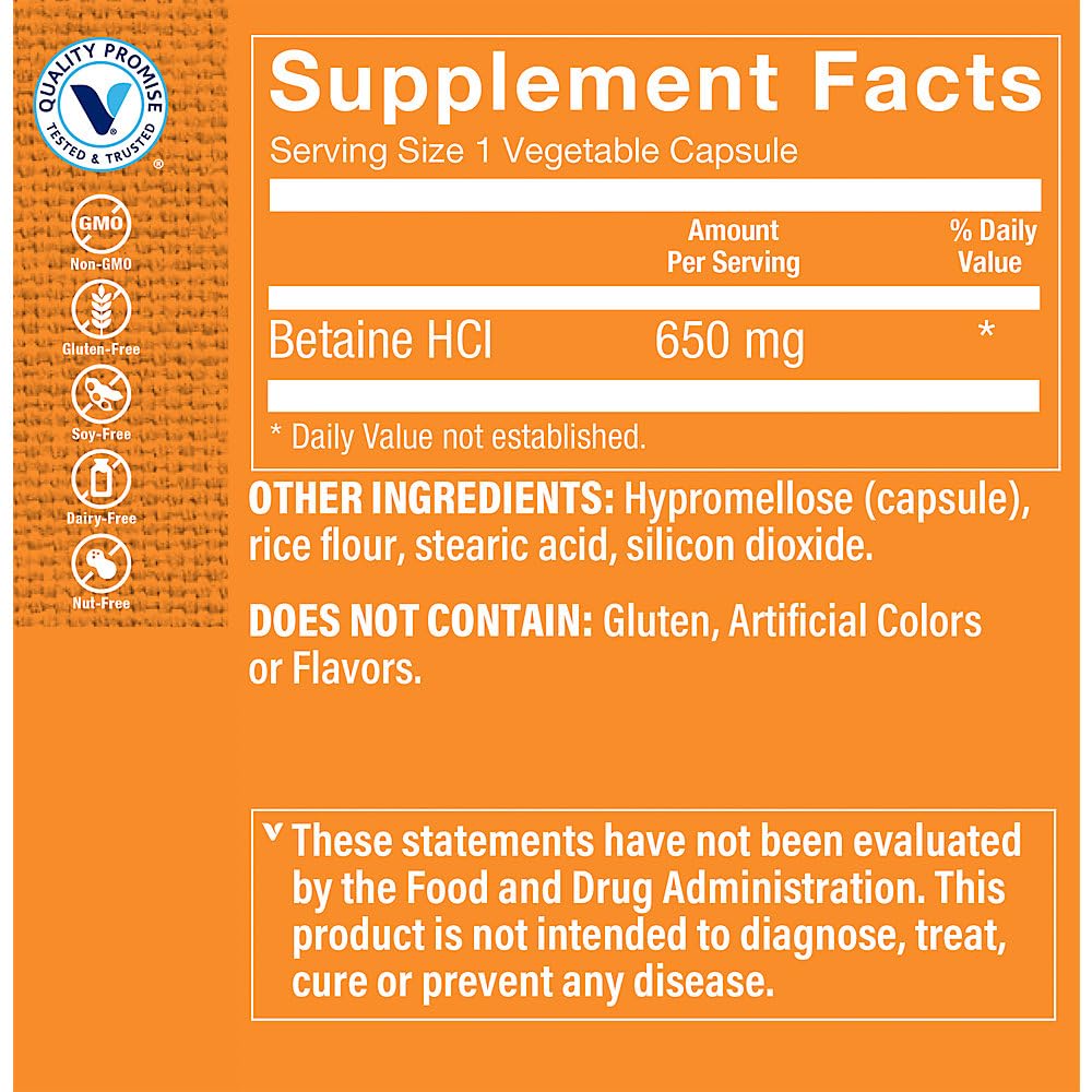 The Vitamin Shoppe Betaine HCl Fast-Acting Digestive Support 650 Capsules, 100 Count