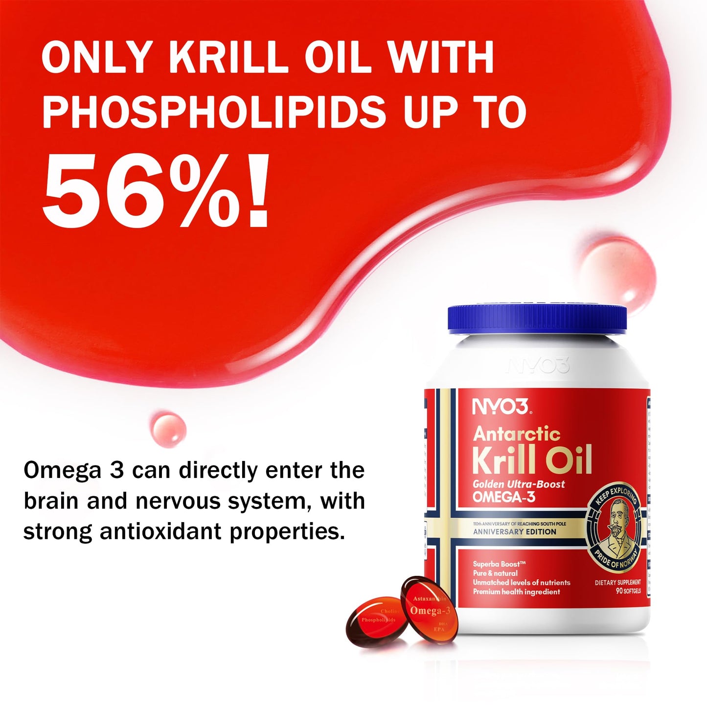 NYO3 1500mg Krill Oil Omega-3 Supplement Softgels 90 Count