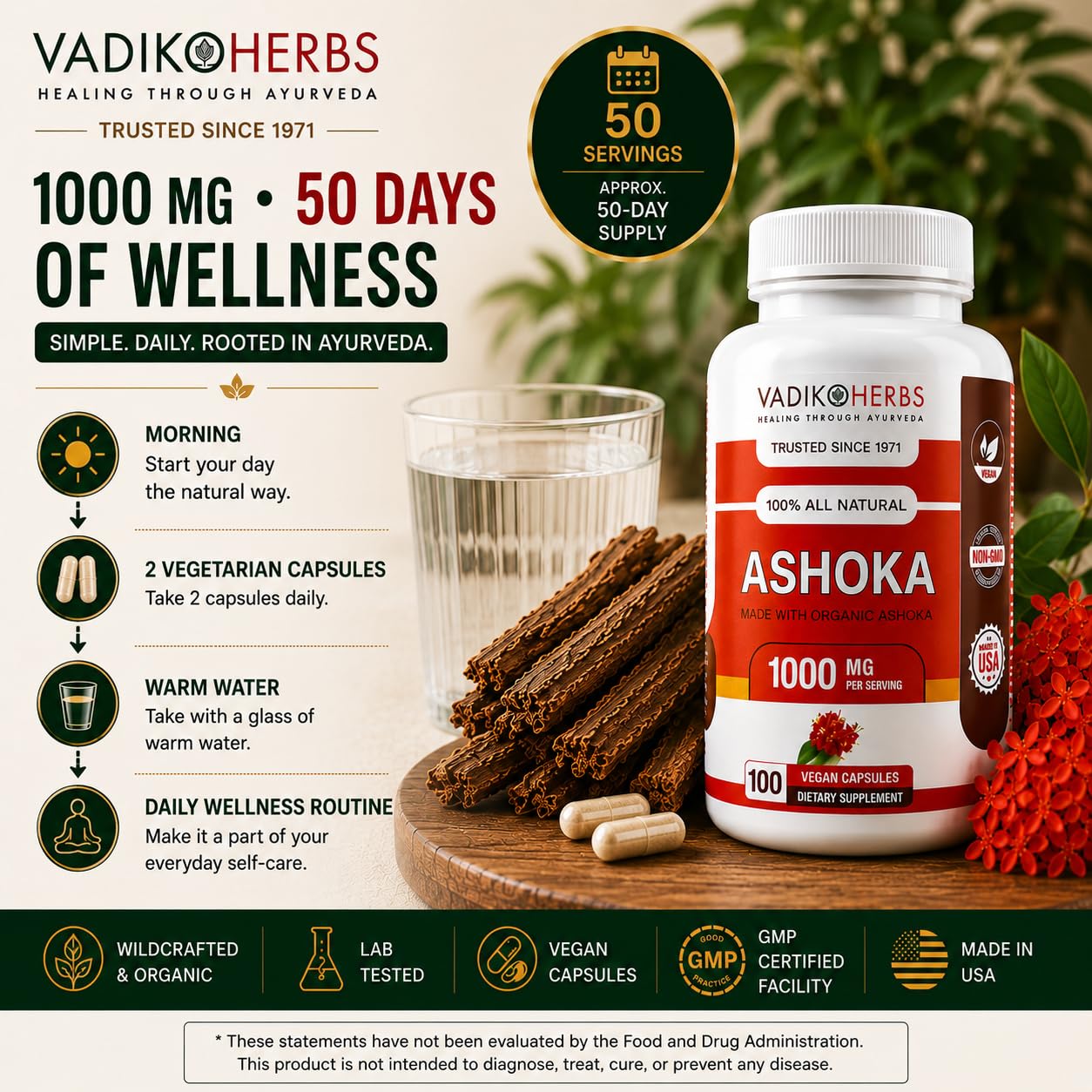 Vadik Herbs Ashoka Bark Capsules, 100 Vegicaps