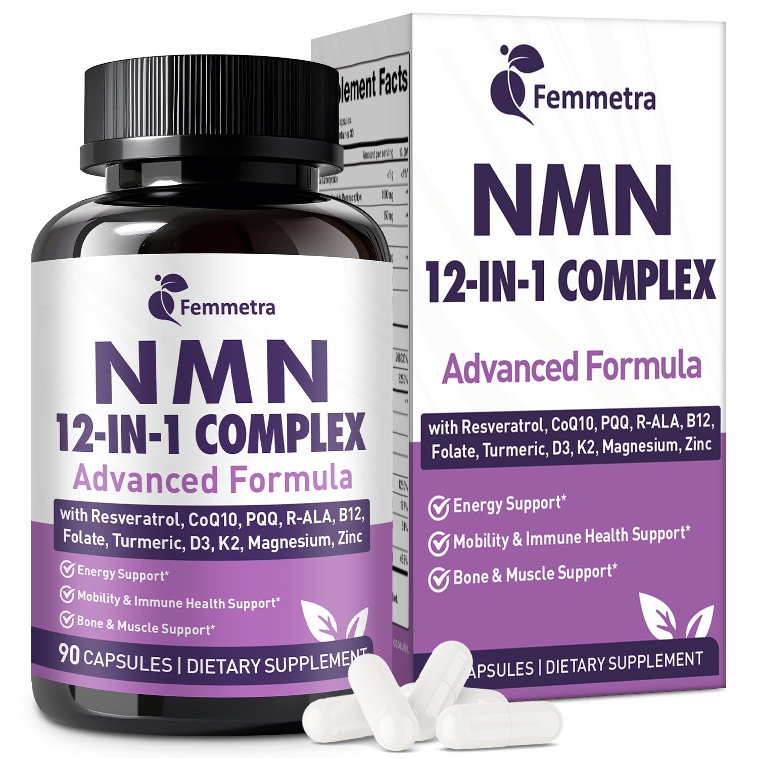 Femmetra Ultra NMN 1000 mg for NAD+, 12-in-1 NAD Supplement with CoQ10 200 mg, PQQ 40 mg, Resveratrol, R-ALA, Methyl B12, L-Methyl Folate, NMNH Alternative, 90 Capsules