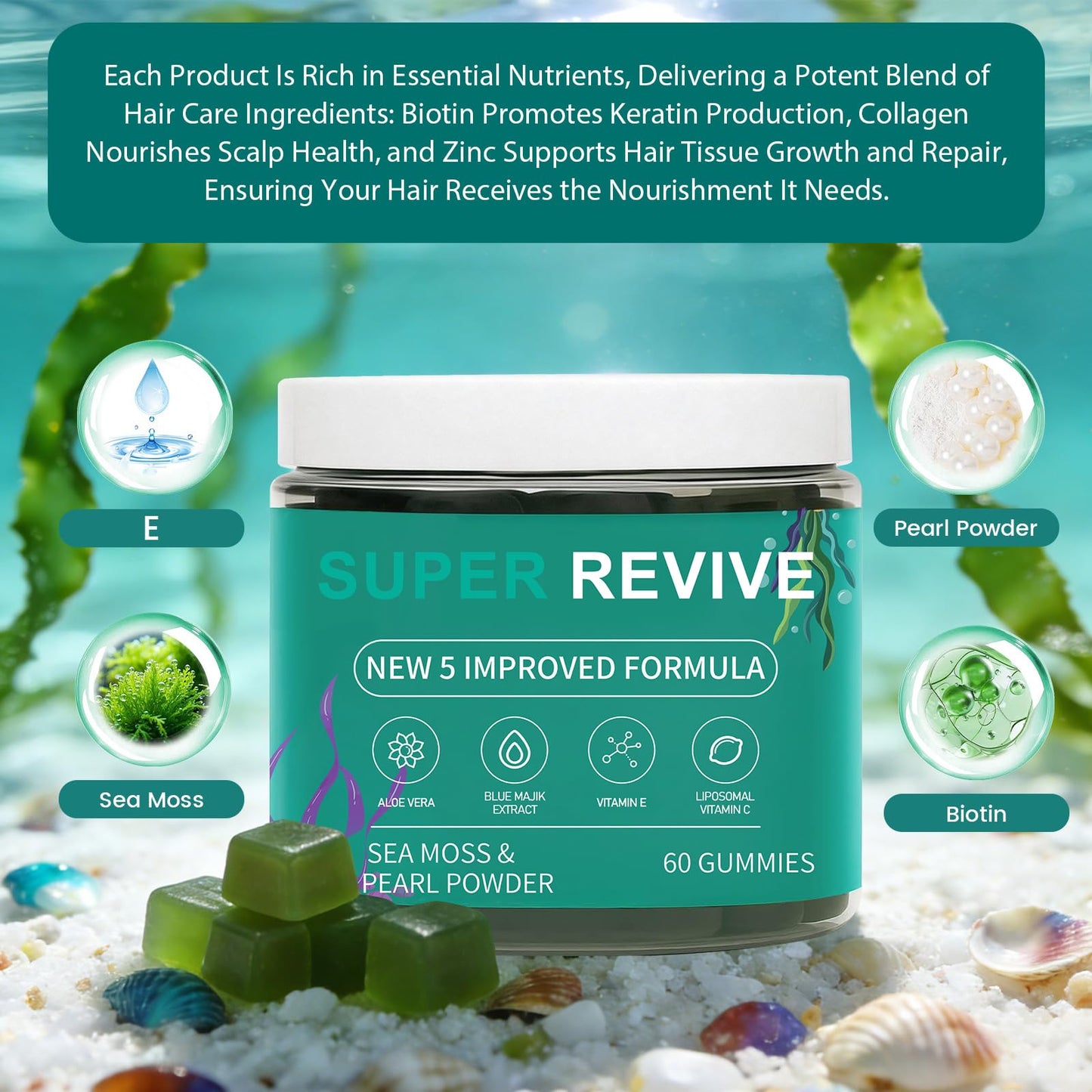 Caicieter Super Revive Gummies for Hair Loss - Sea Moss Gummies with Vitamin C, E, Aloe Vera & Pearl Powder Glow, 60 Count