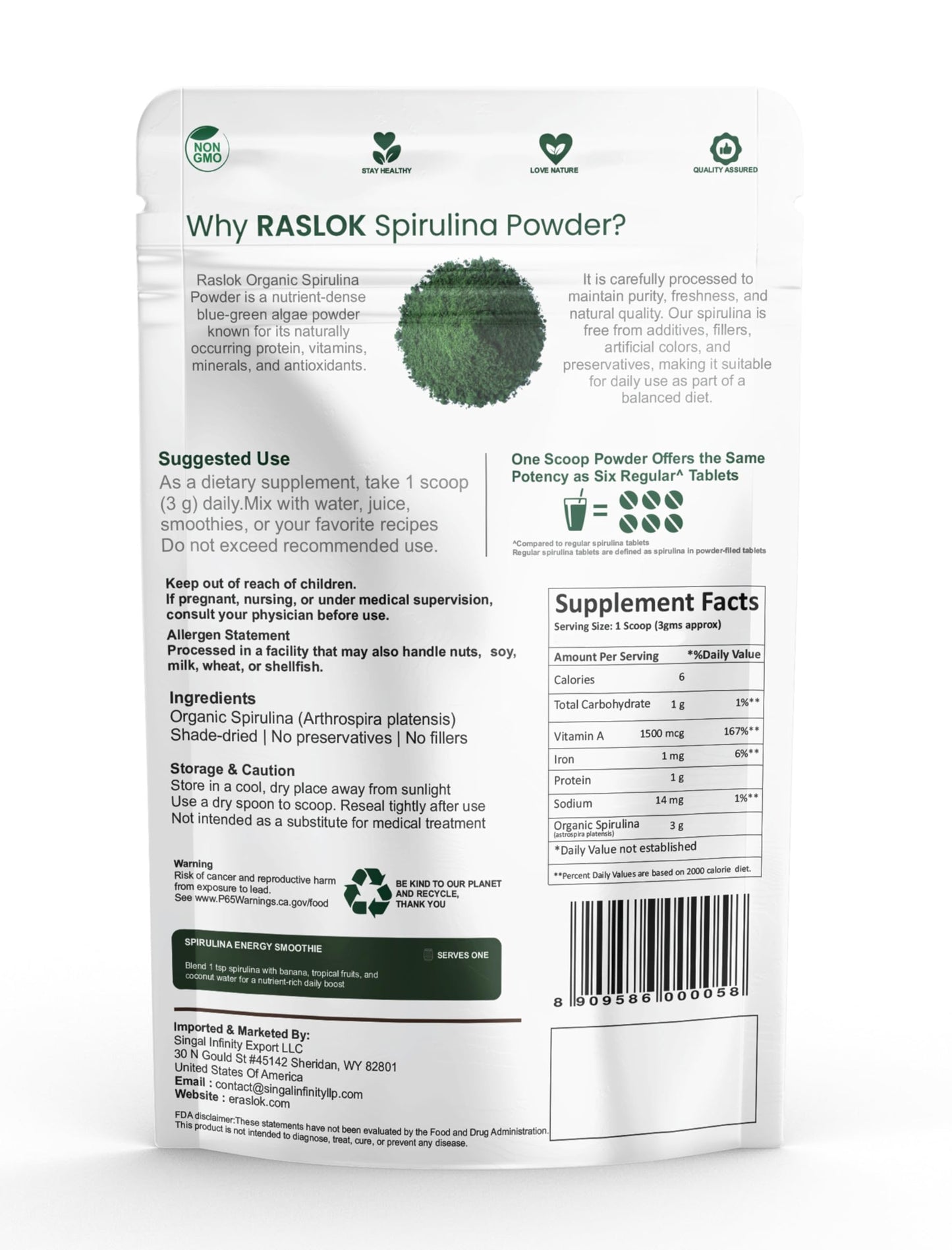 Raslok Spirulina Powder 8 Ounce (Pack of 1)