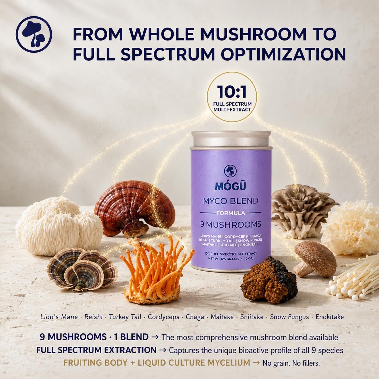 MÓGU MUSHROOMS Mogu Myco Blend 9 Organic Mushroom Formula Powder 10:1 Full-Spectrum Dual Extract, Mushroom Extract Powder for Immune Support and Adaptogenic Balance, 4.4 oz
