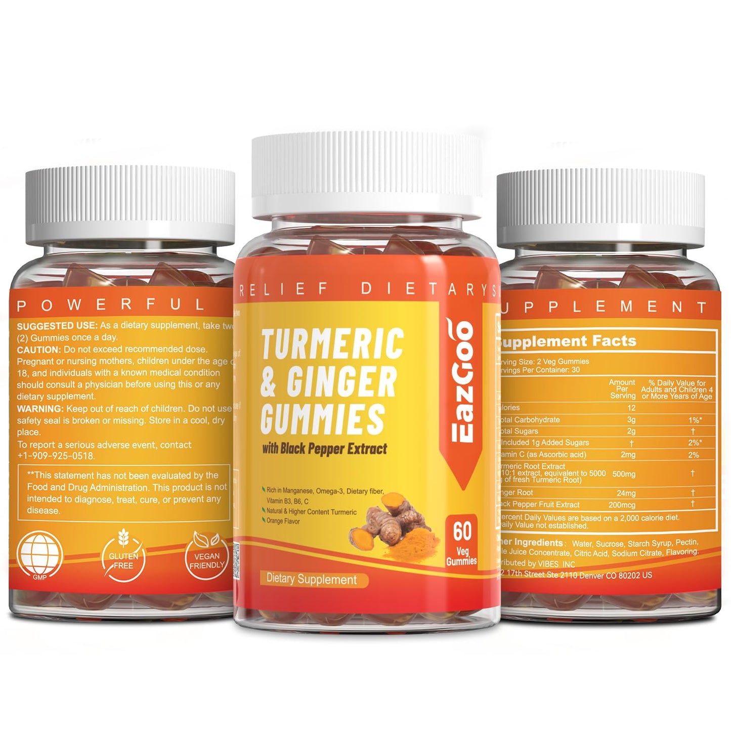 EAZGOO Turmeric Curcumin Gummies 500mg, 60 Count