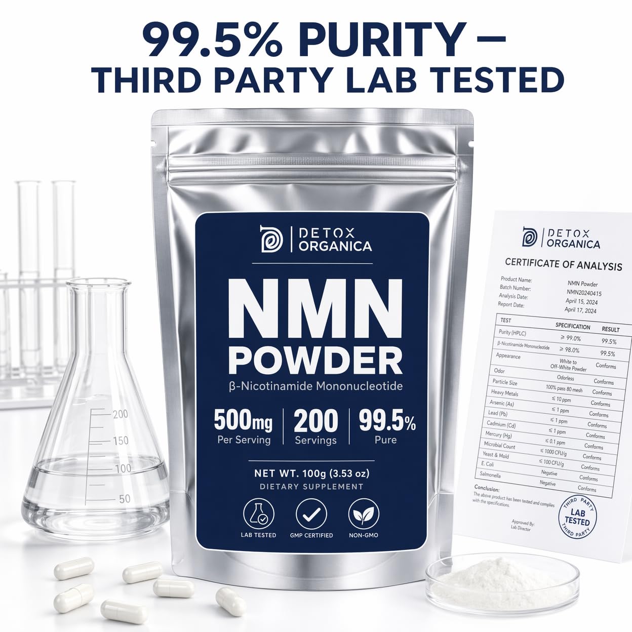 Detox Organica NMN Powder Supplement, Powder, 3.53 Ounce