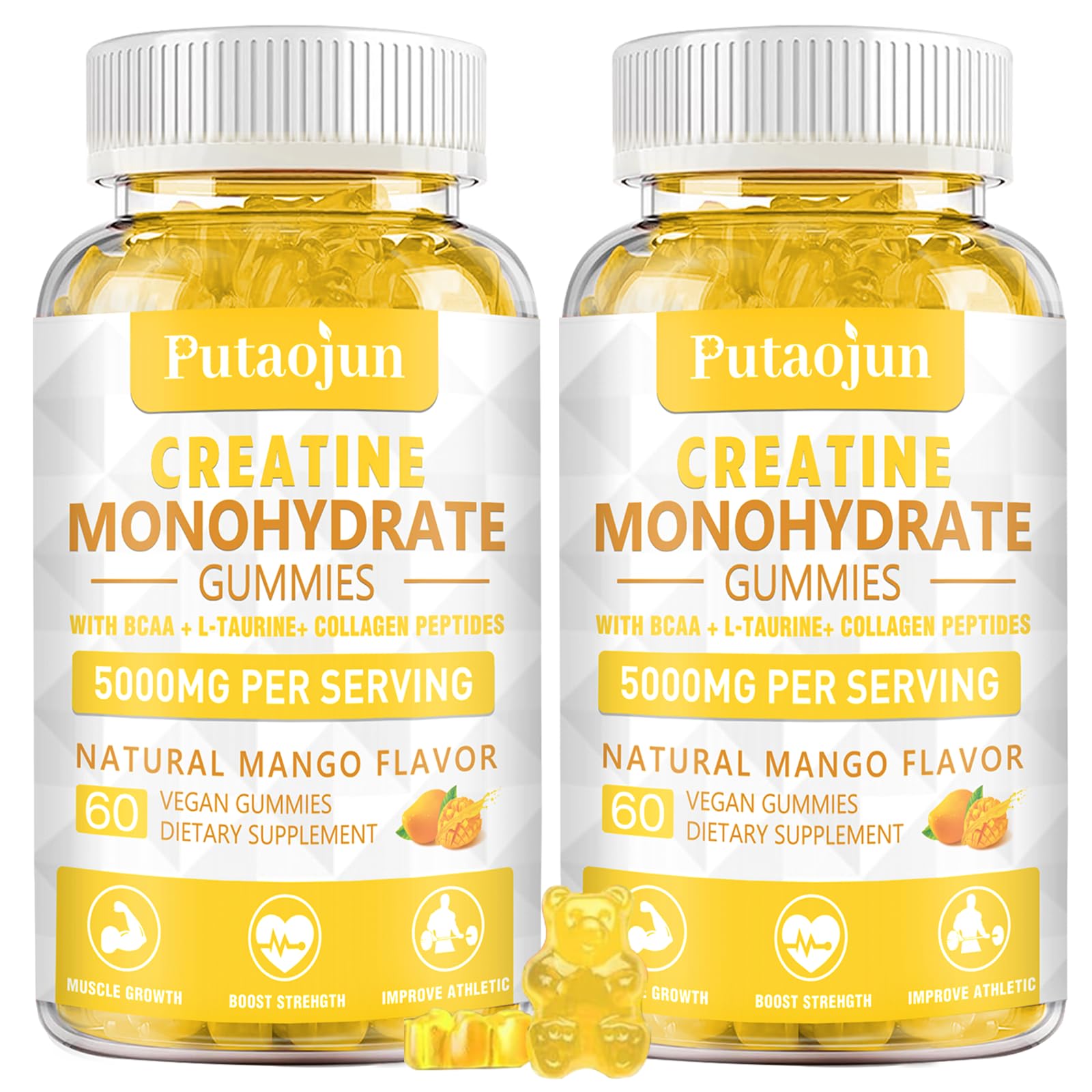 Putaojun Creatine Monohydrate with Vitamins D3 & B12 Sugar-Free Hydrolyzed Collagen & Creatine Gummies, 120 Count
